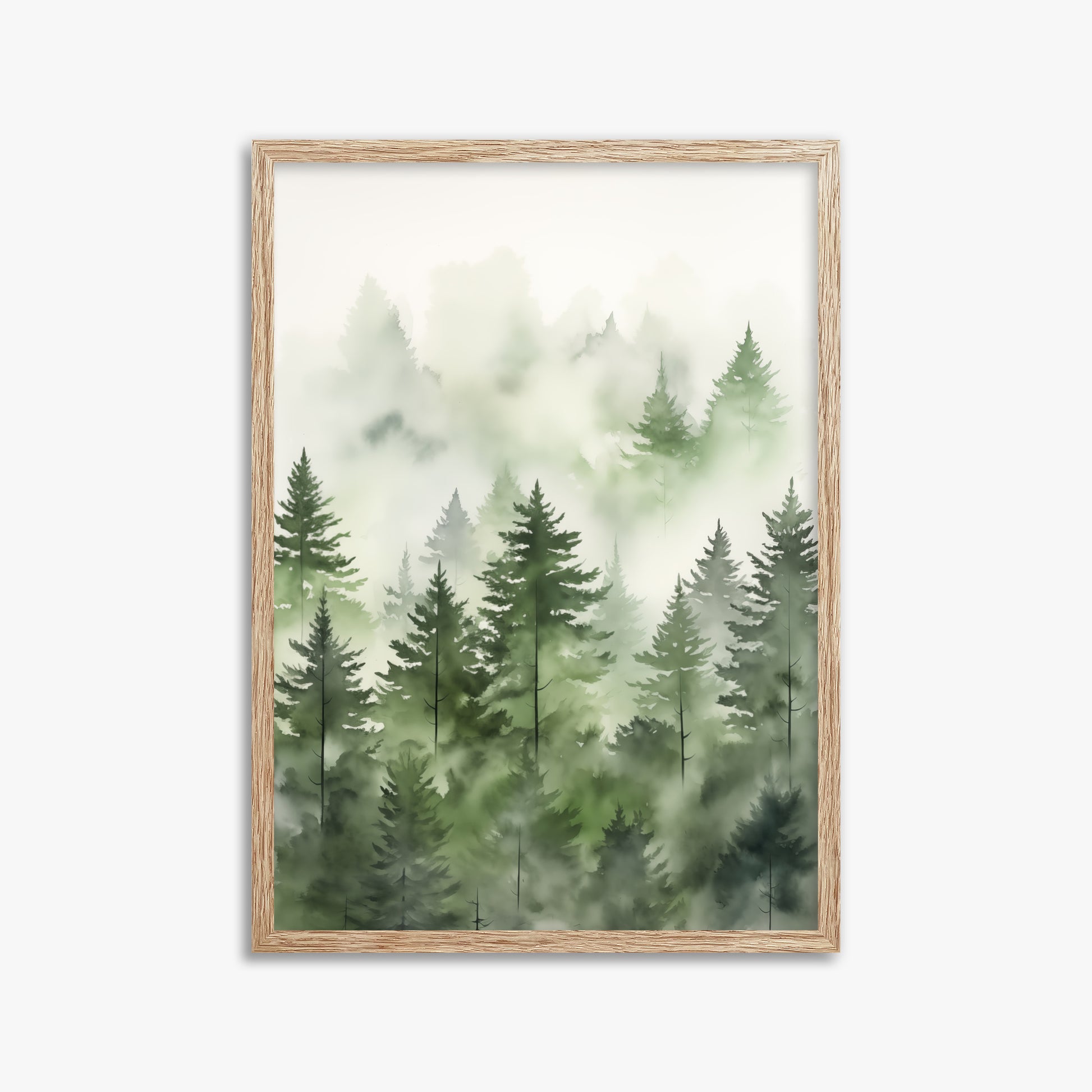 Misty Pines Watercolor, 50x70cm Framed Art Reproduction With Raw Oak Frame