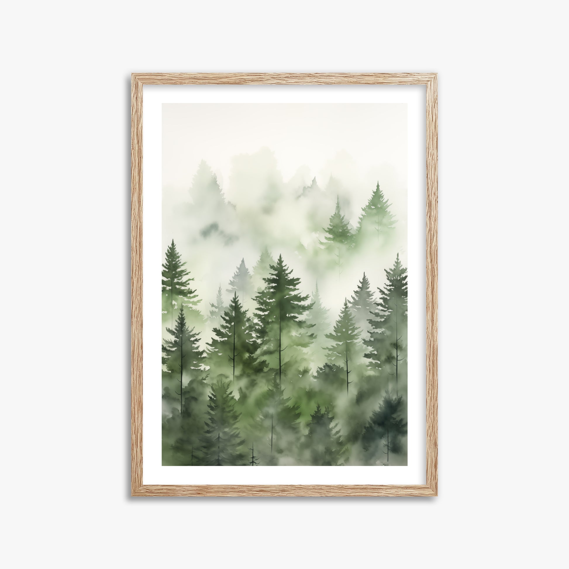 Misty Pines Watercolor, 50x70cm Framed Art Reproduction With Raw Oak Frame