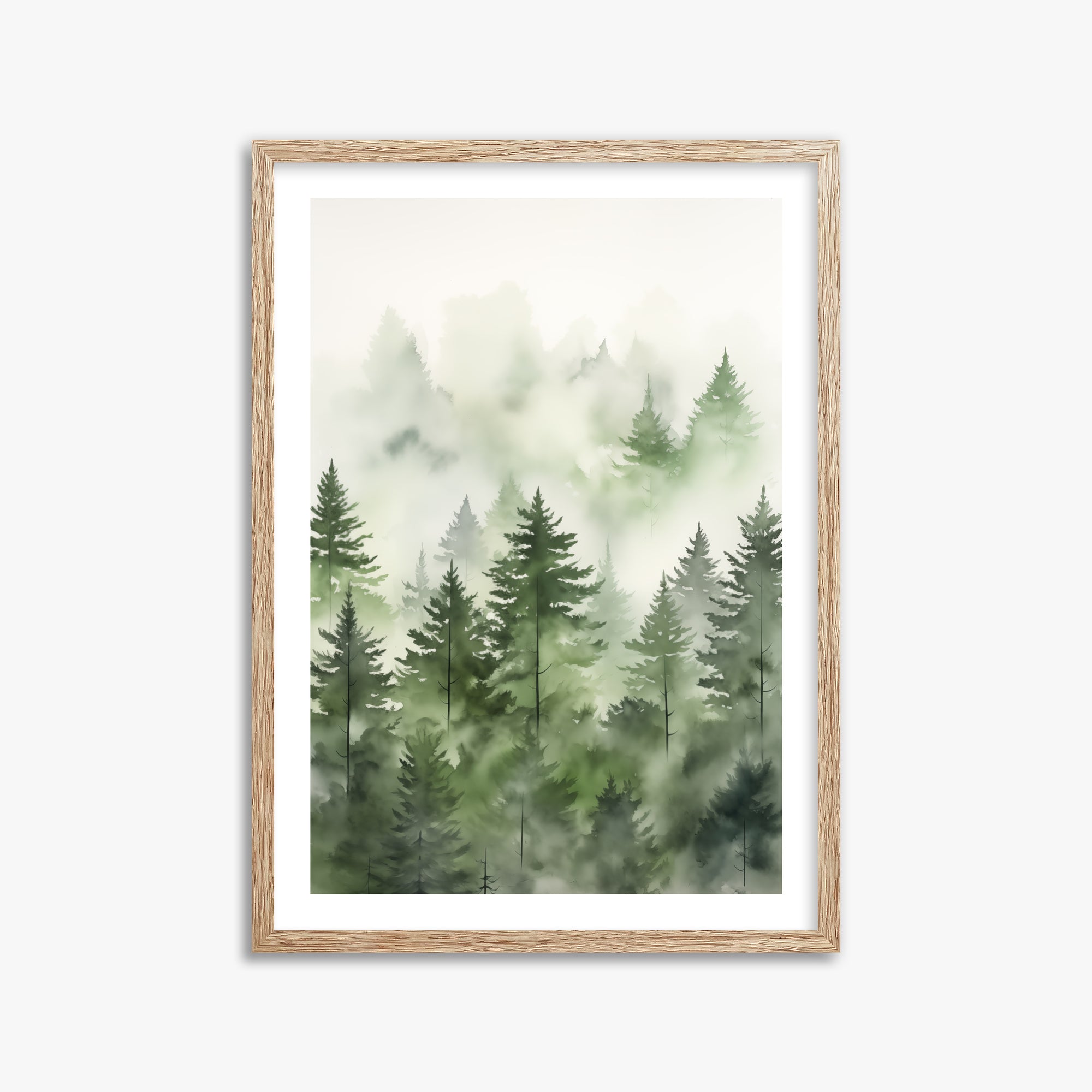 Misty Pines Watercolor, 50x70cm Framed Art Reproduction With Raw Oak Frame