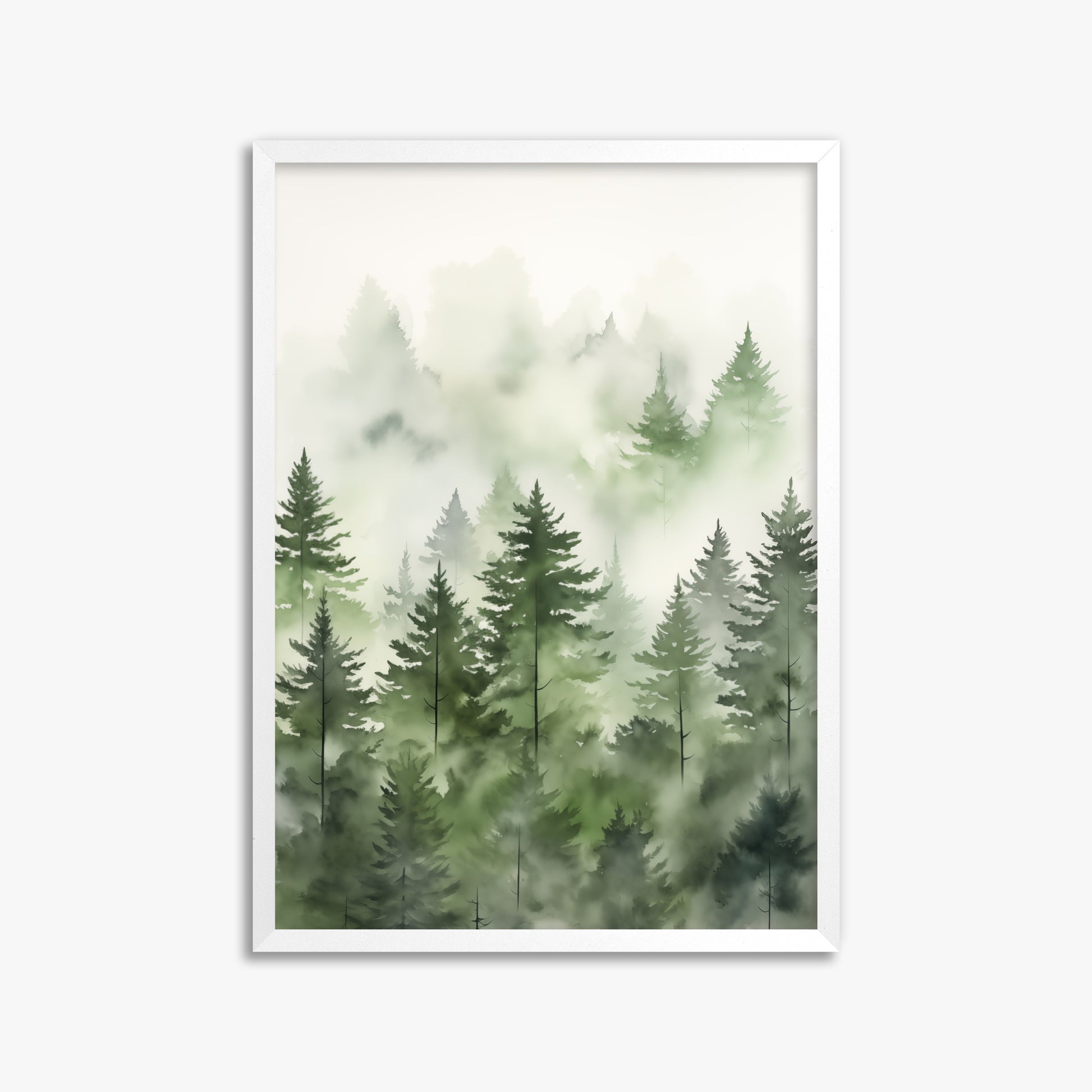 Misty Pines Watercolor, 50x70cm Framed Poster With White Frame