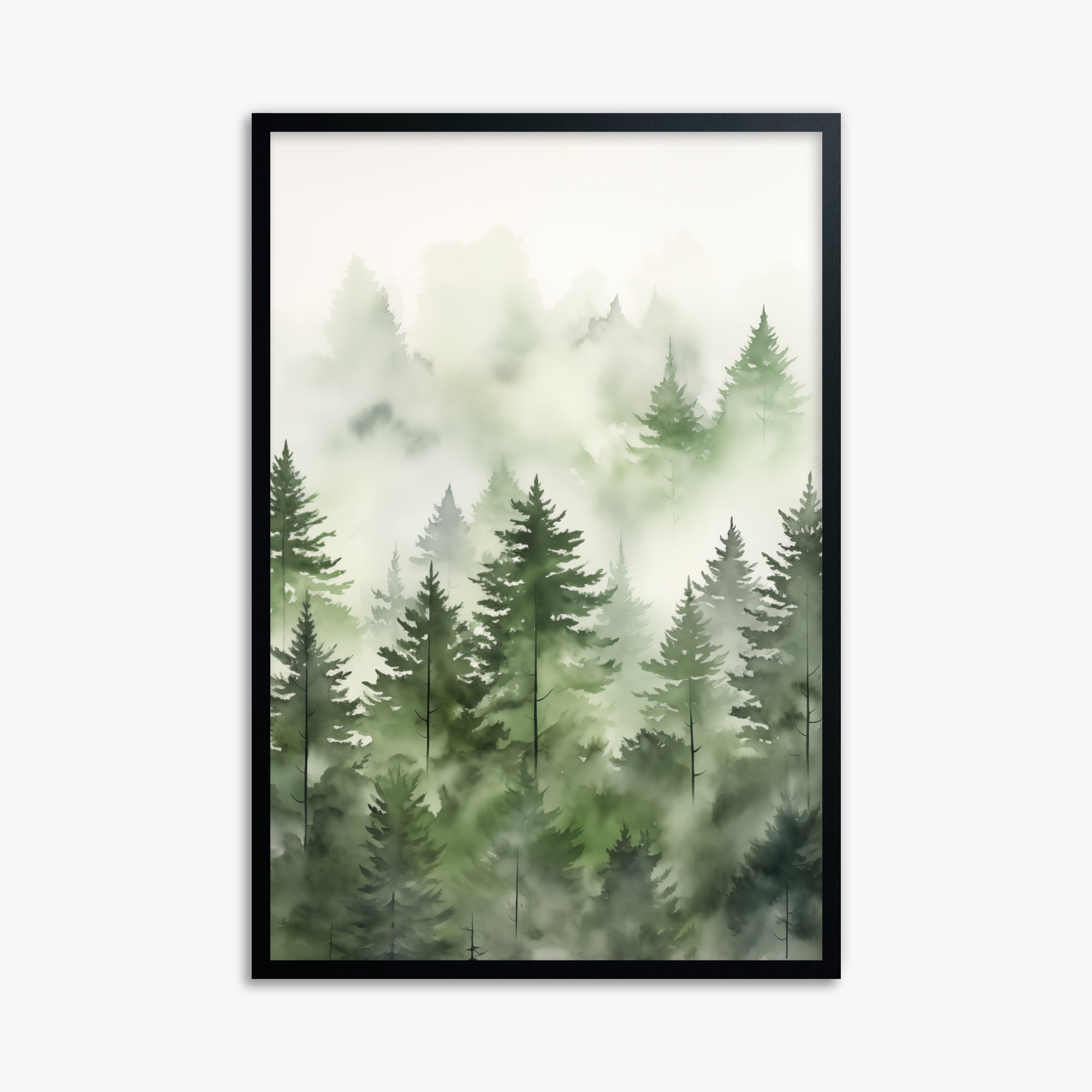 Misty Pines Watercolor, 61x91cm Framed Poster With Black Frame