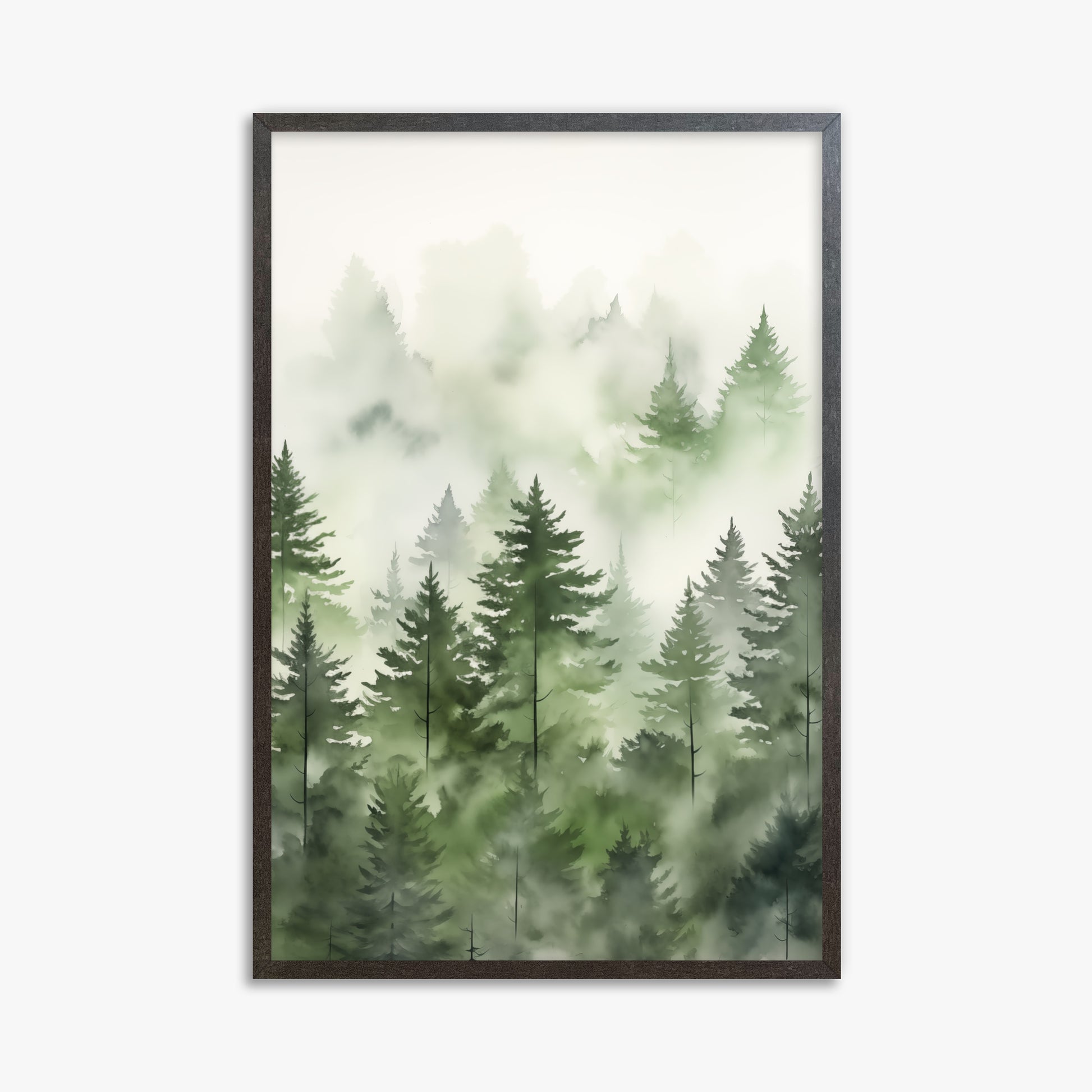 Misty Pines Watercolor, 61x91cm Framed Art Reproduction With Espresso Frame