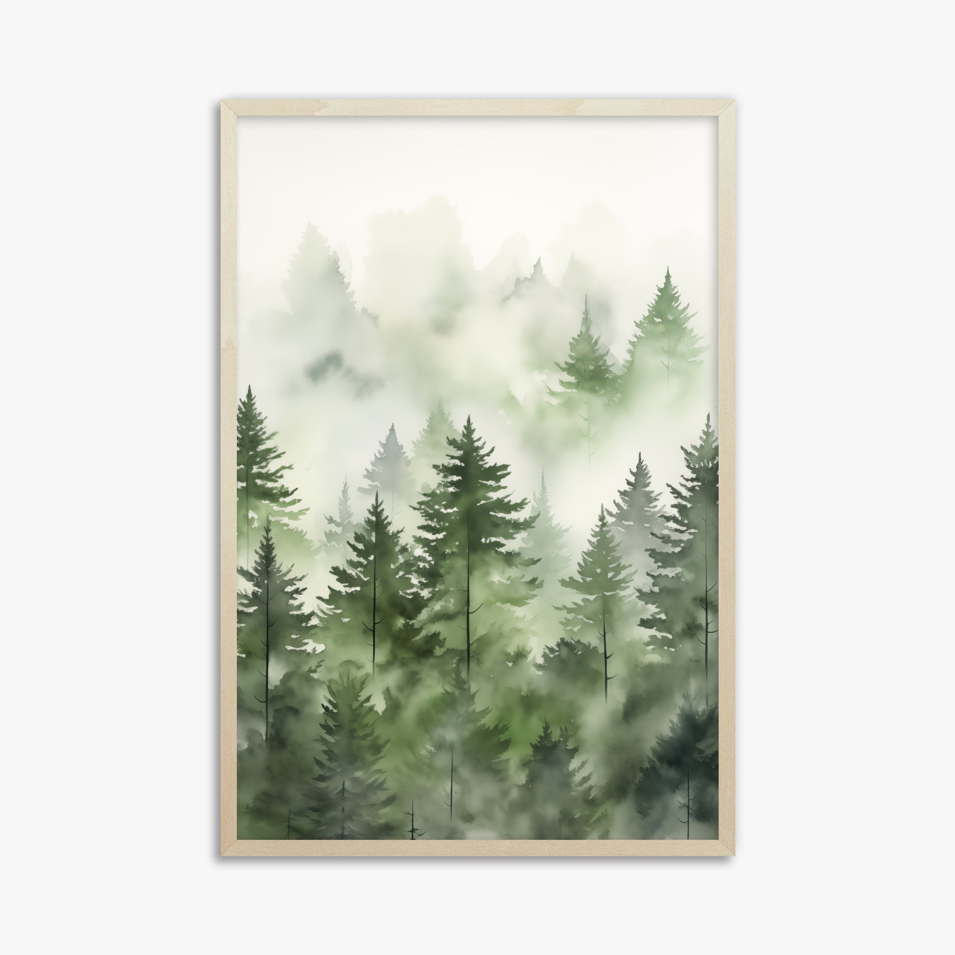 Misty Pines Watercolor, 61x91cm Framed Art Reproduction With Lime Wood Frame