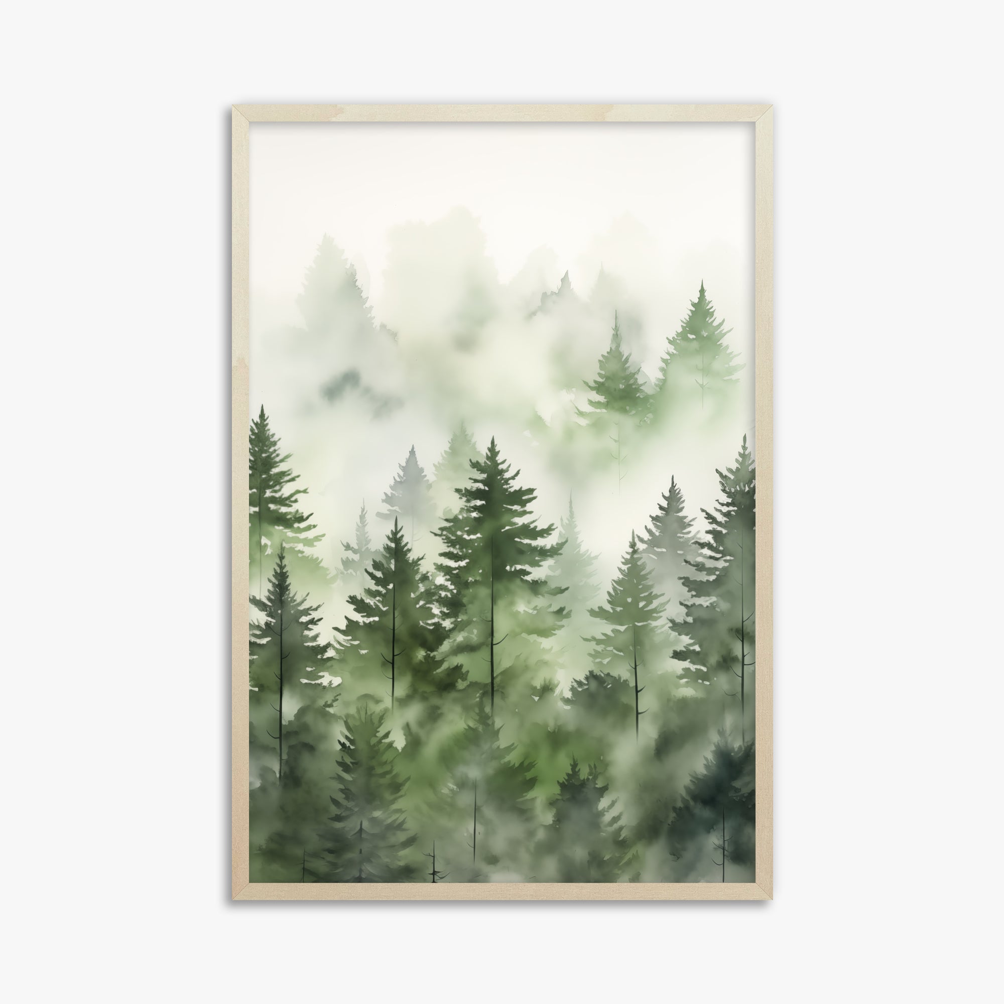 Misty Pines Watercolor, 61x91cm Framed Art Reproduction With Lime Wood Frame
