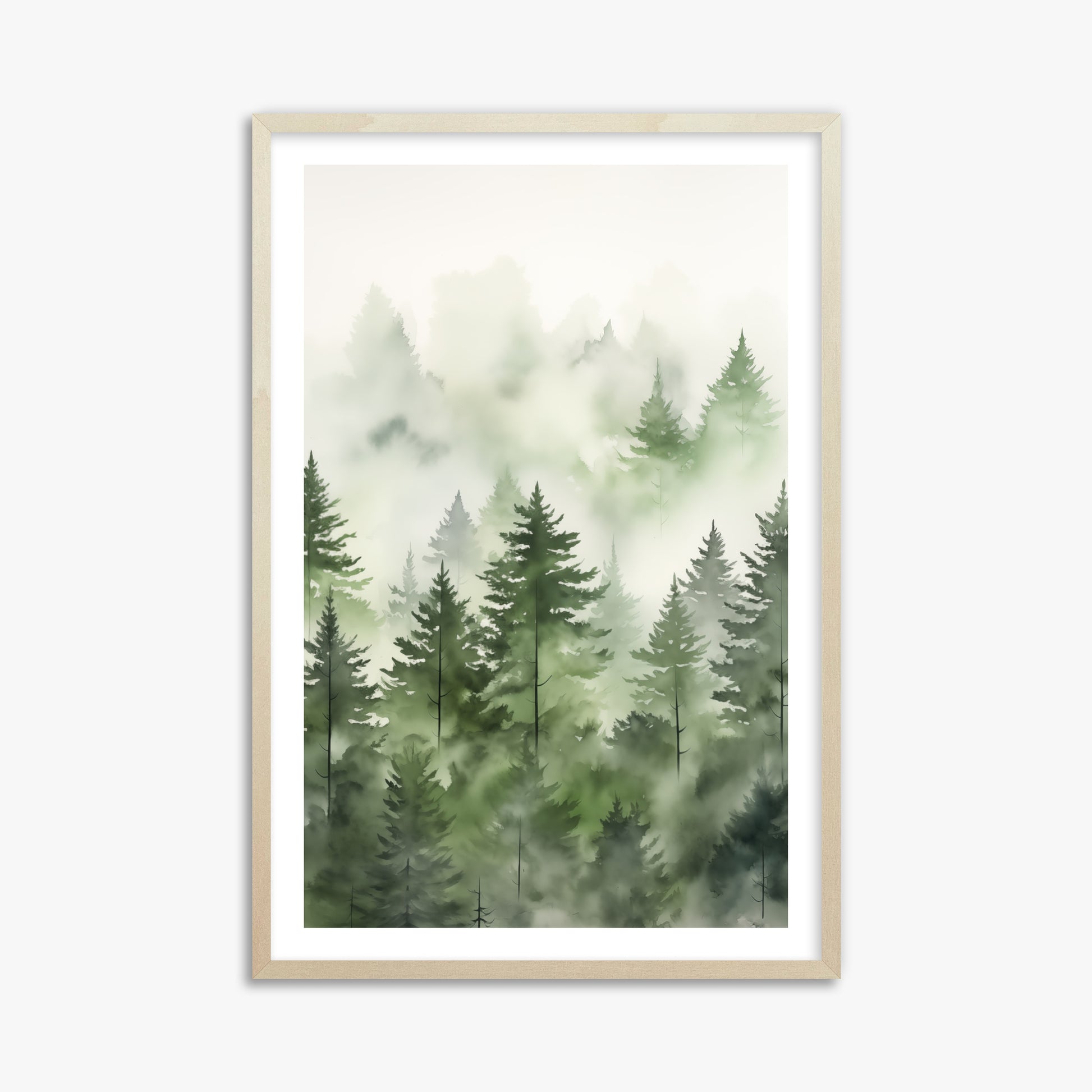 Misty Pines Watercolor, 61x91cm Framed Art Reproduction With Lime Wood Frame