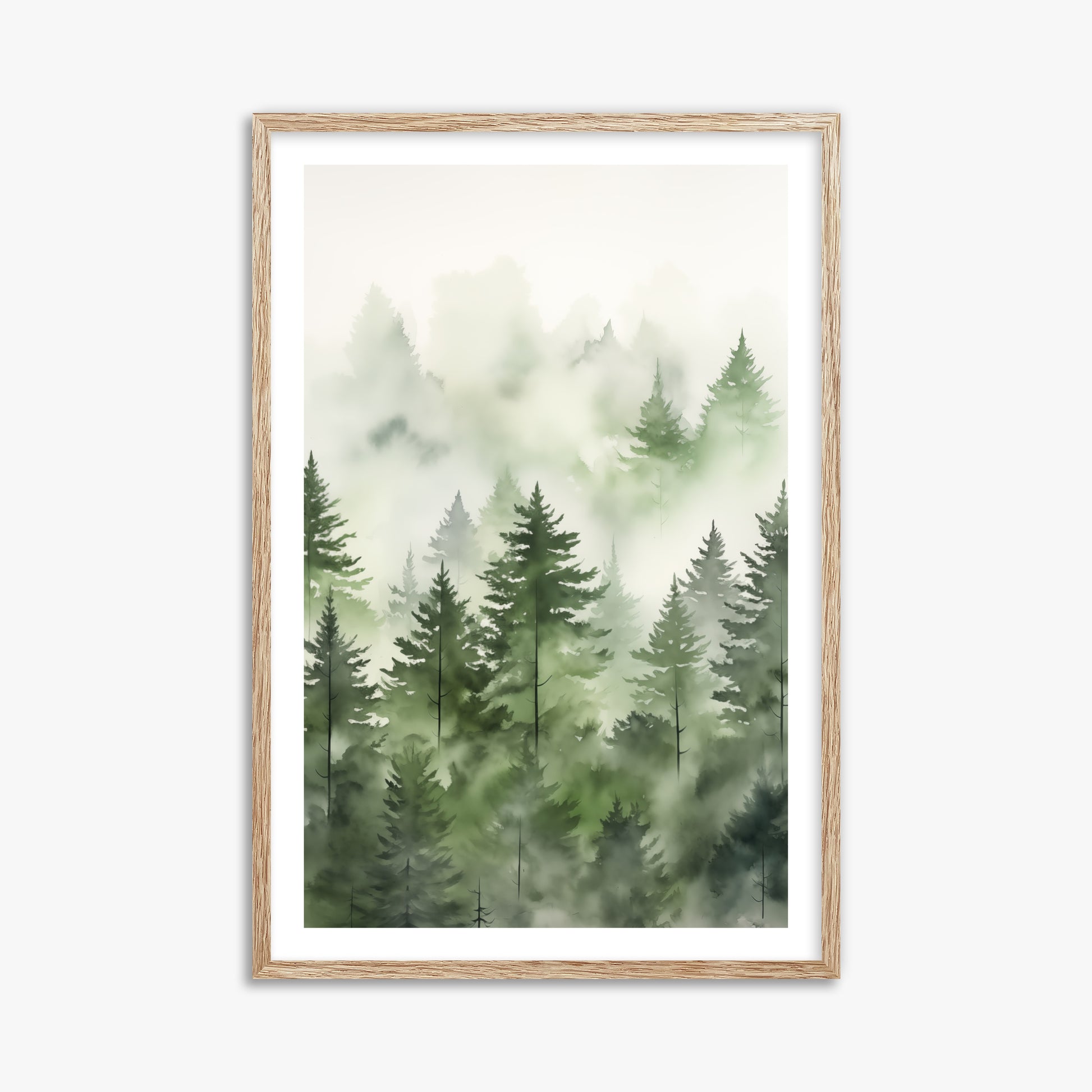 Misty Pines Watercolor, 61x91cm Framed Art Reproduction With Raw Oak Frame