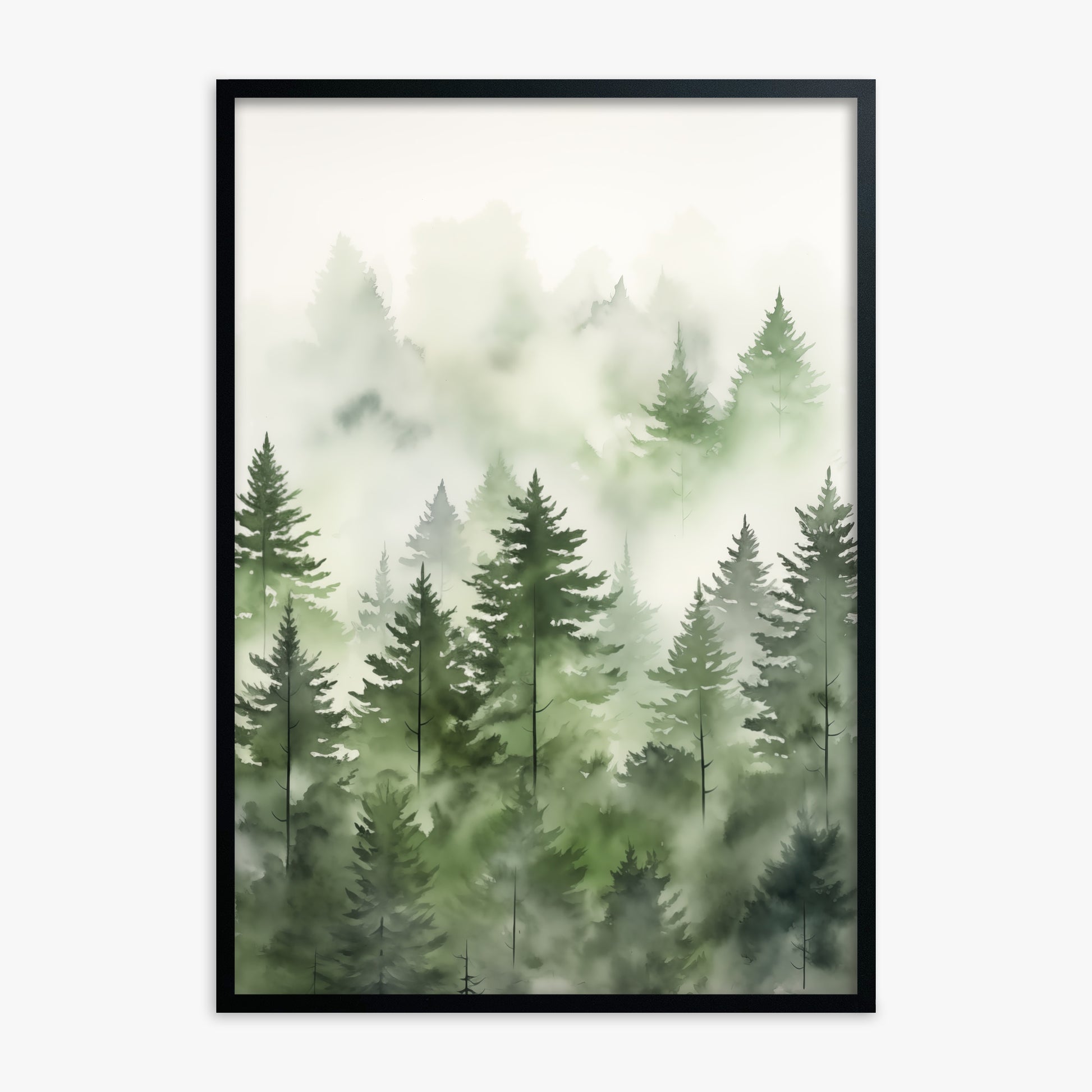 Misty Pines Watercolor, Black Framed Poster With Black Frame
