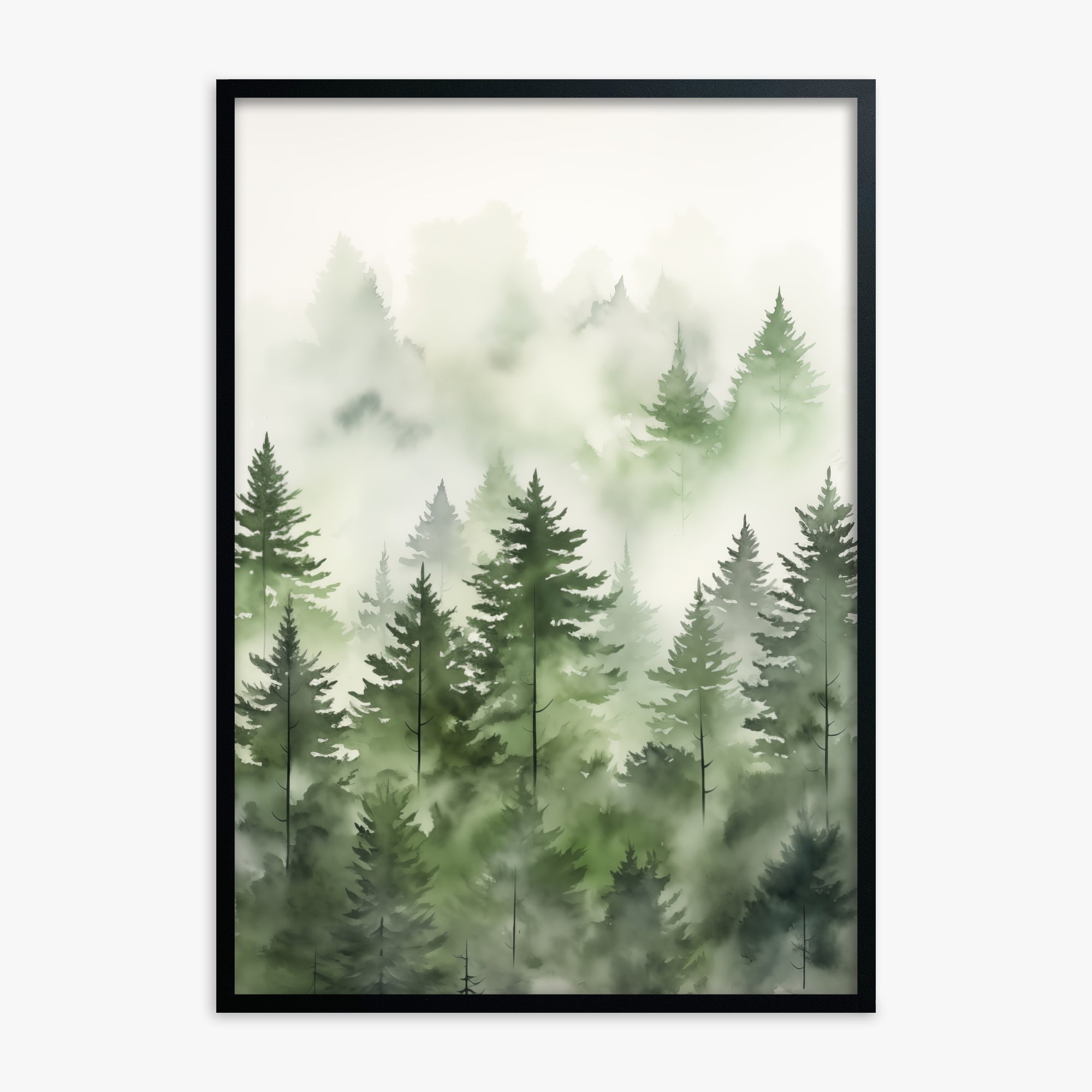 Misty Pines Watercolor, Black Framed Poster With Black Frame