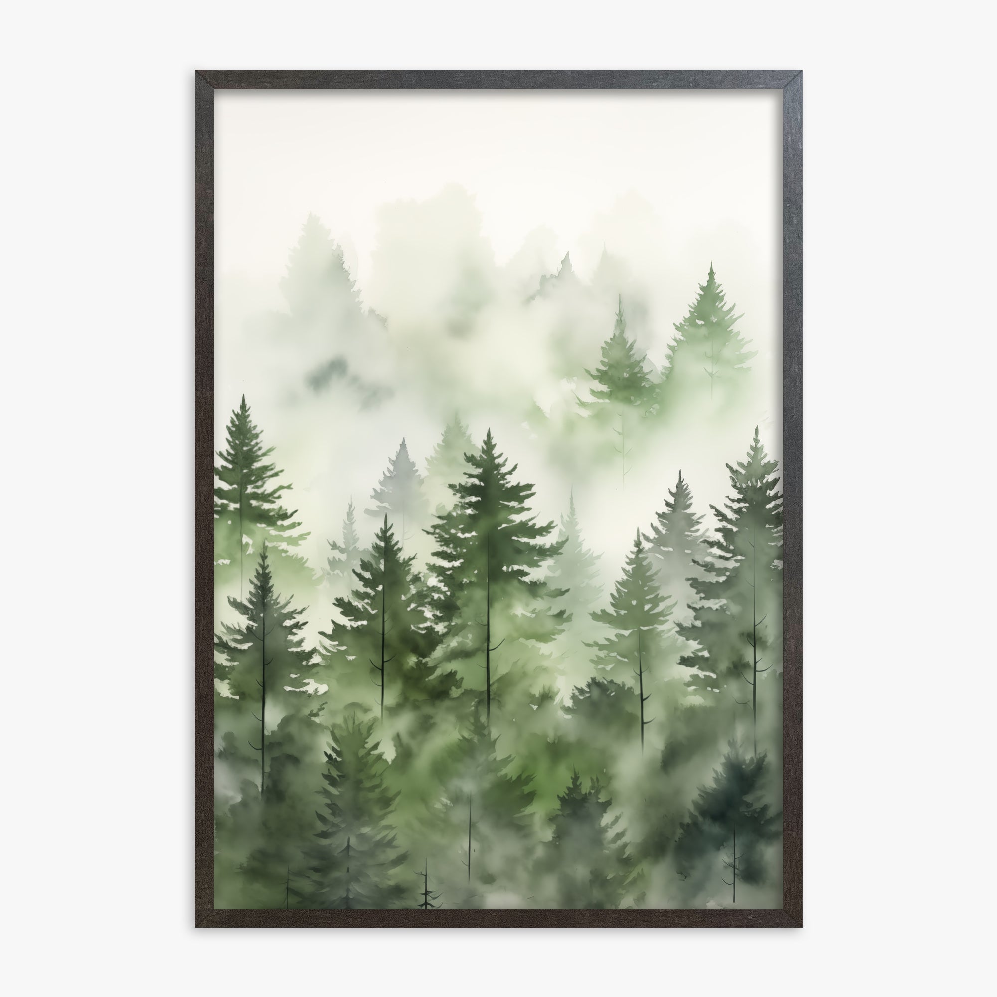 Misty Pines Watercolor, 70x100cm Framed Art Reproduction With Espresso Frame