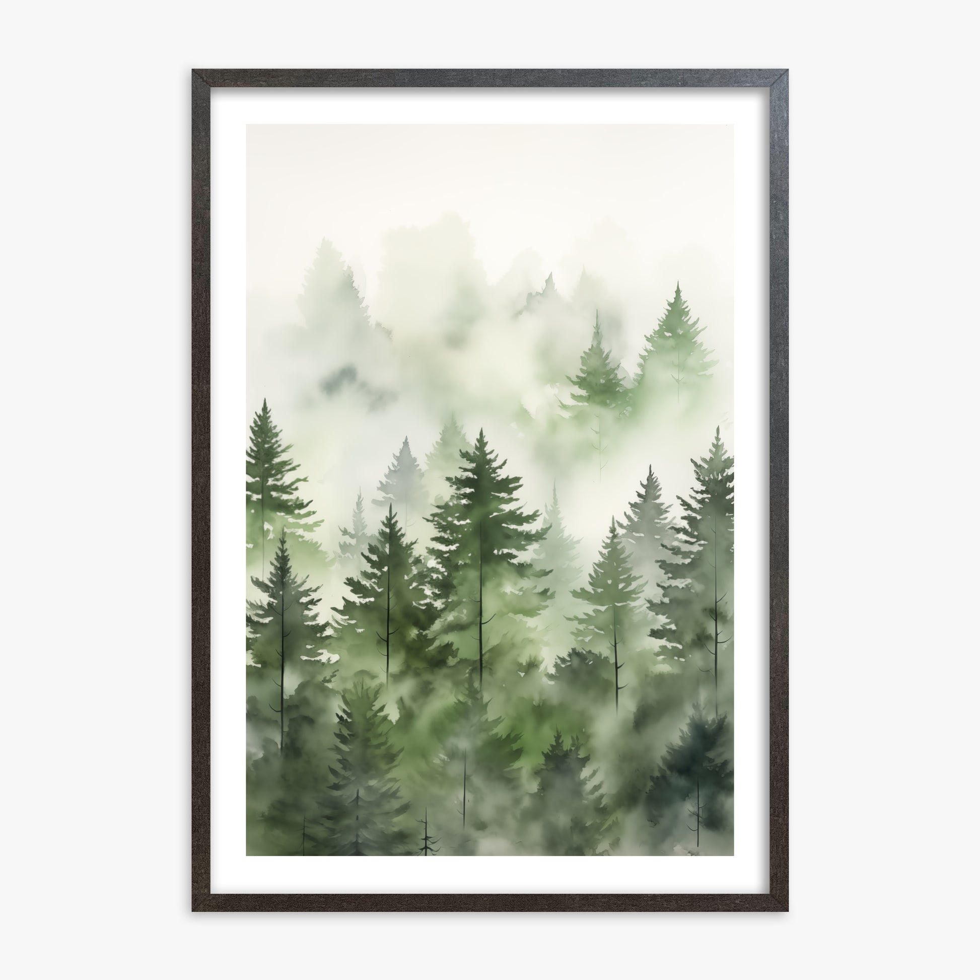 Misty Pines Watercolor, 70x100cm Framed Art Reproduction With Espresso Frame