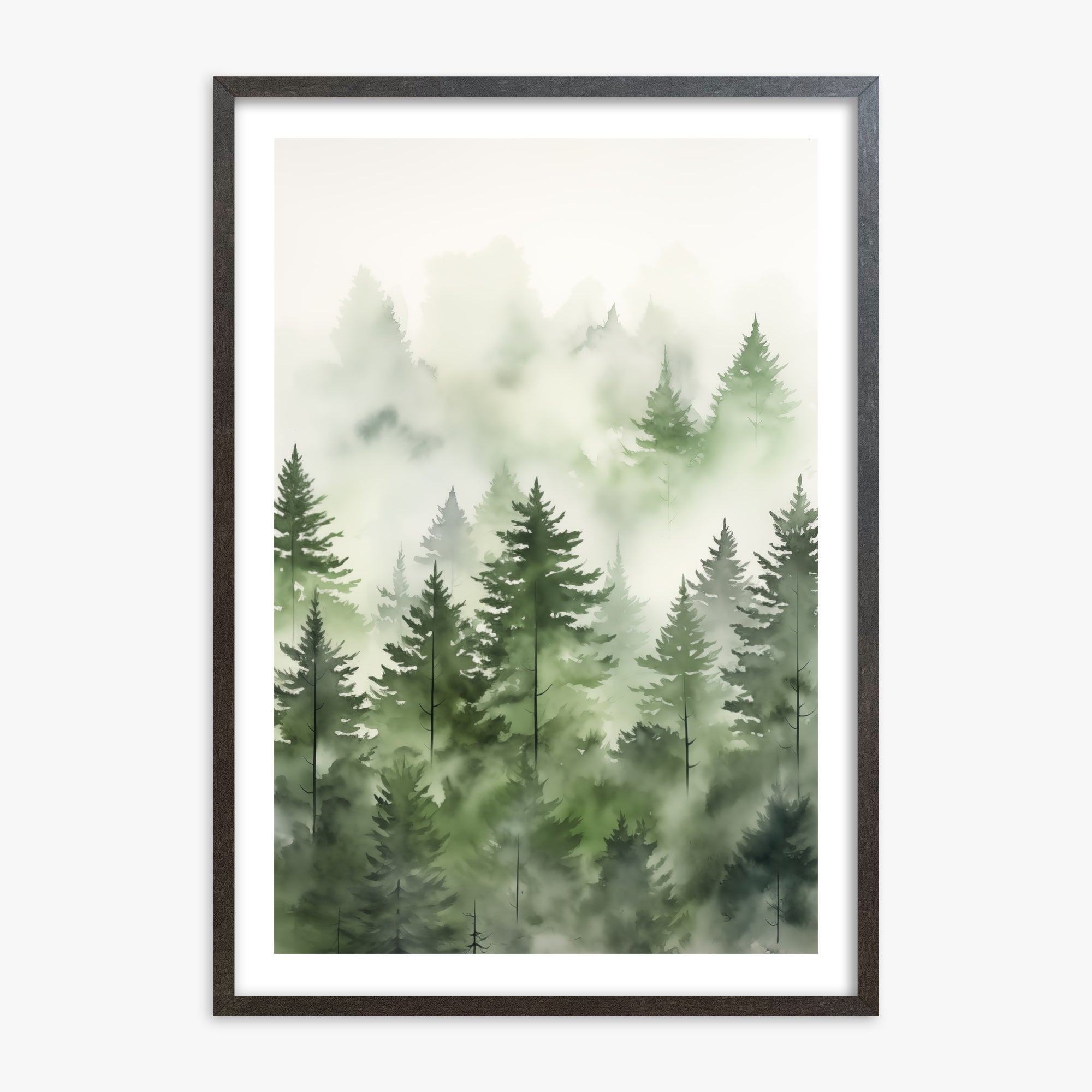 Misty Pines Watercolor, 70x100cm Framed Art Reproduction With Espresso Frame