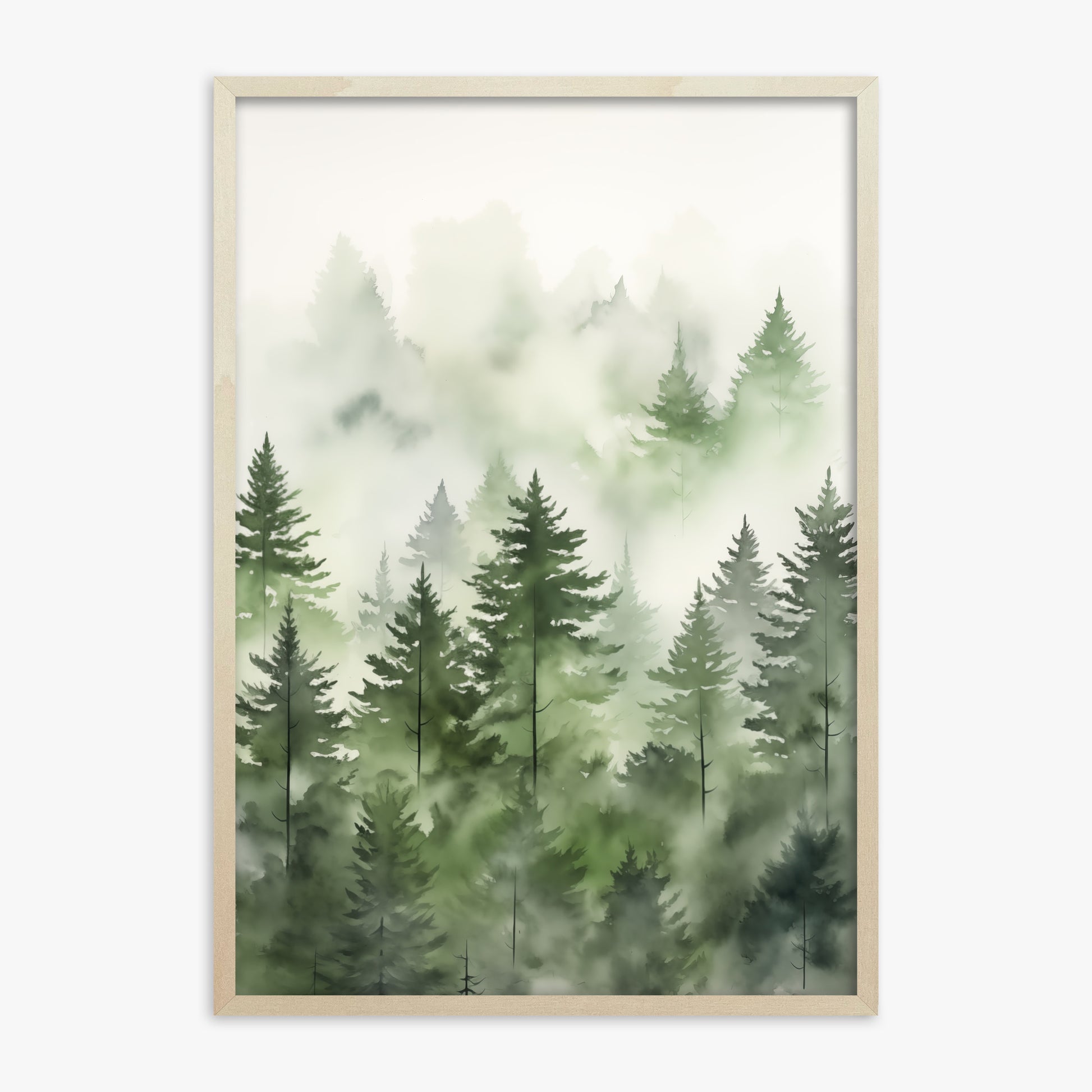 Misty Pines Watercolor, 70x100cm Framed Art Reproduction With Lime Wood Frame