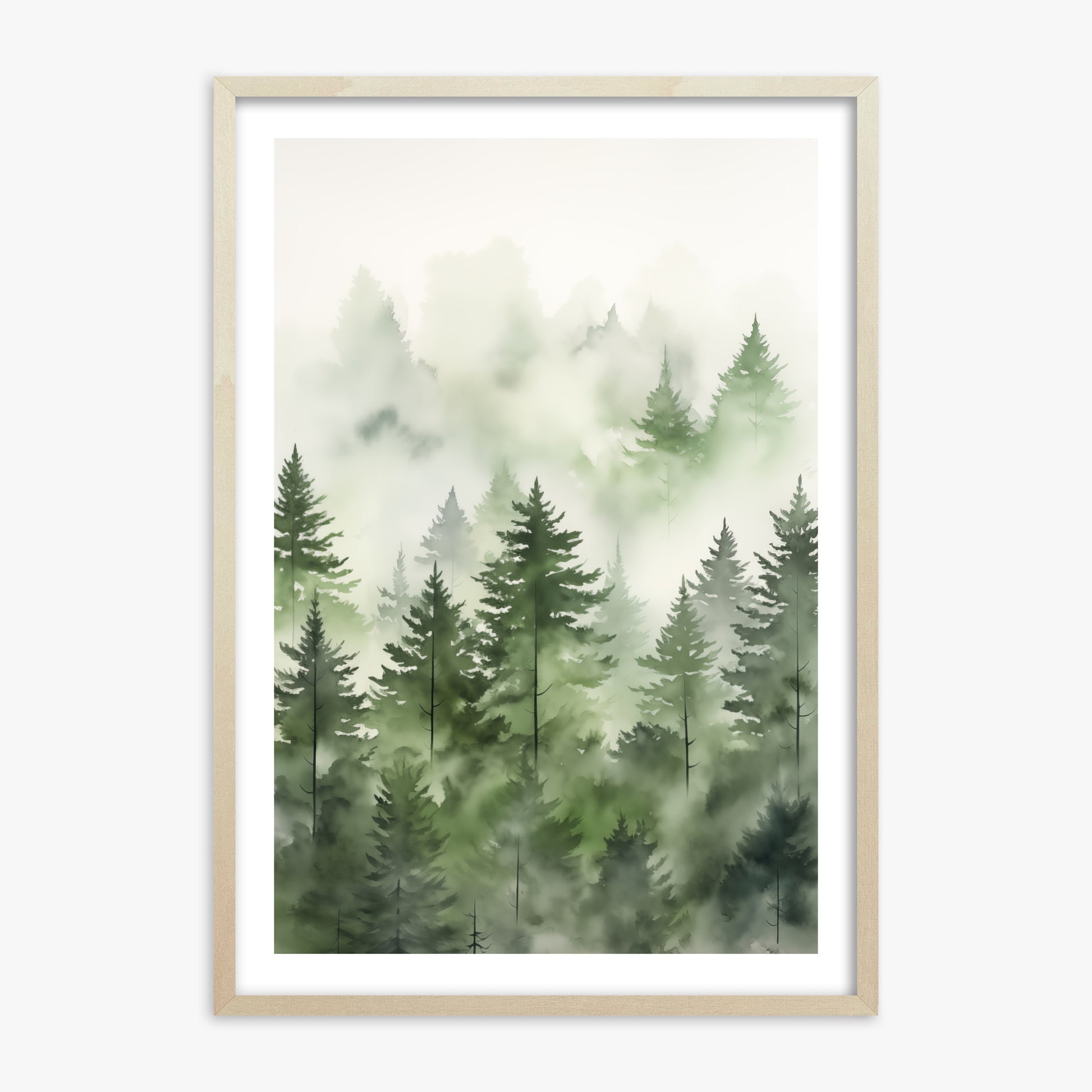 Misty Pines Watercolor, 70x100cm Framed Art Reproduction With Lime Wood Frame