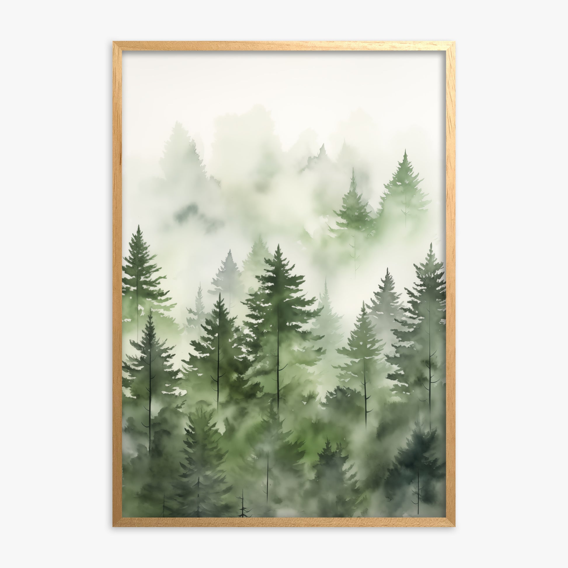 Misty Pines Watercolor, Oak Framed Poster With Oak Frame