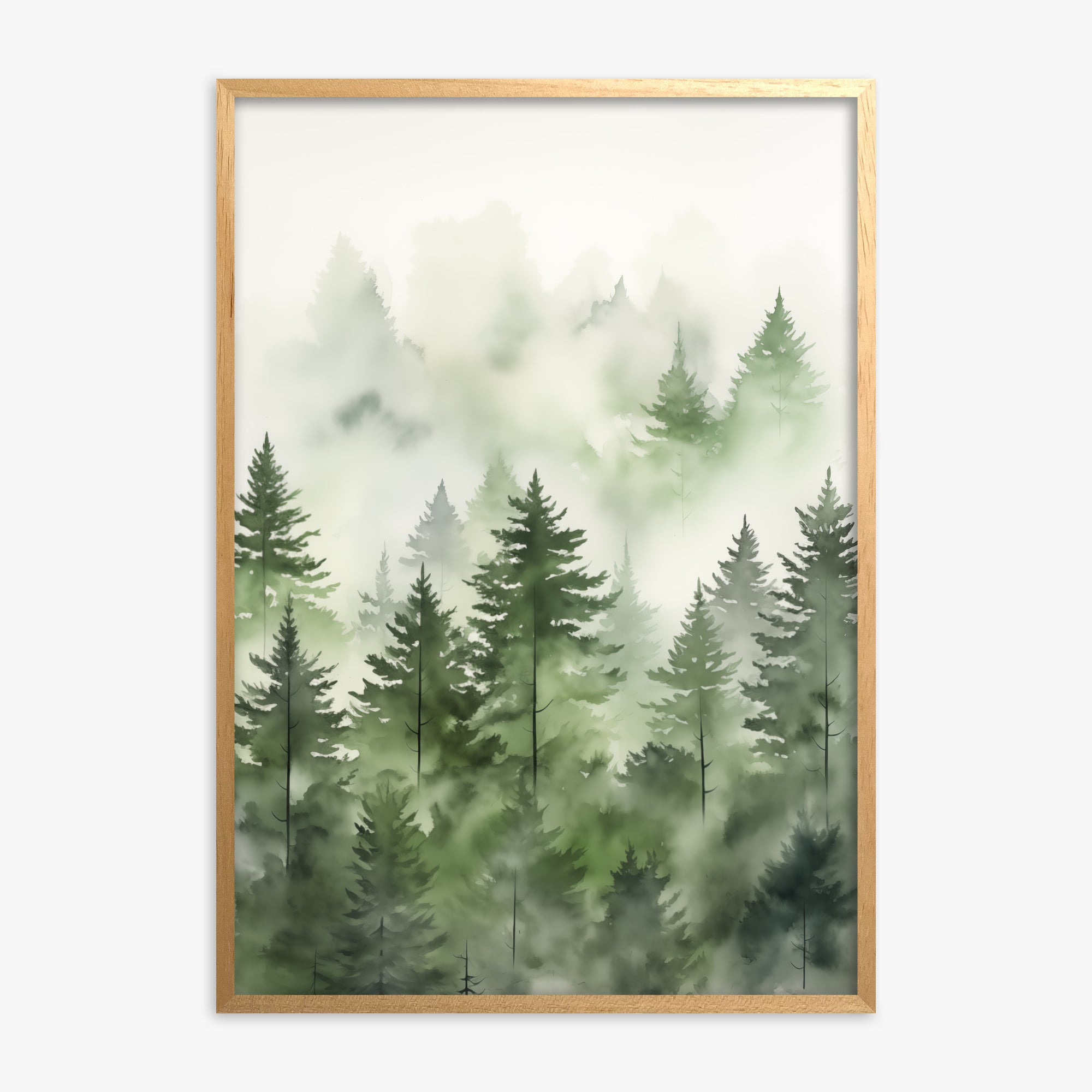 Misty Pines Watercolor, Oak Framed Poster With Oak Frame