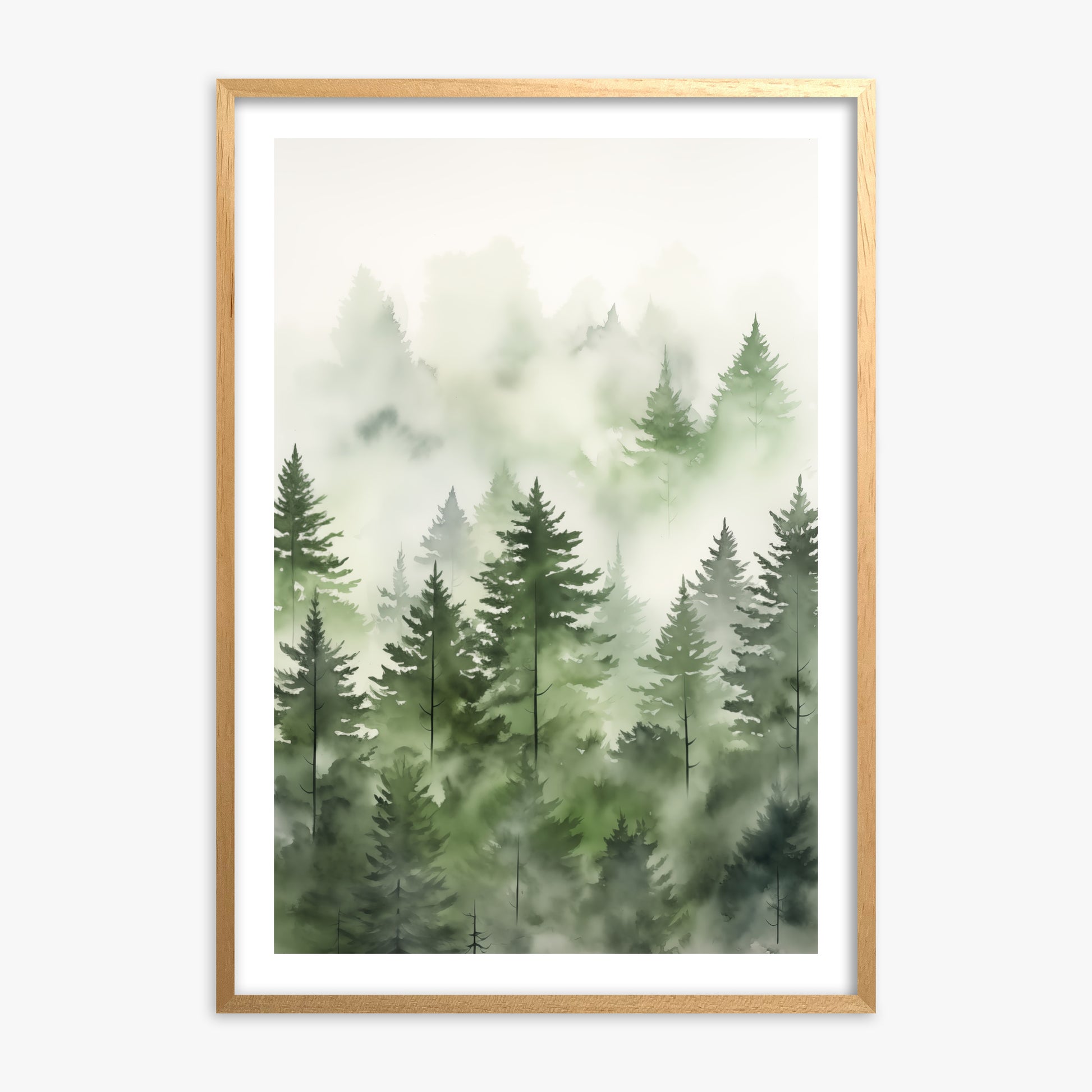 Misty Pines Watercolor, Oak Framed Poster With Oak Frame