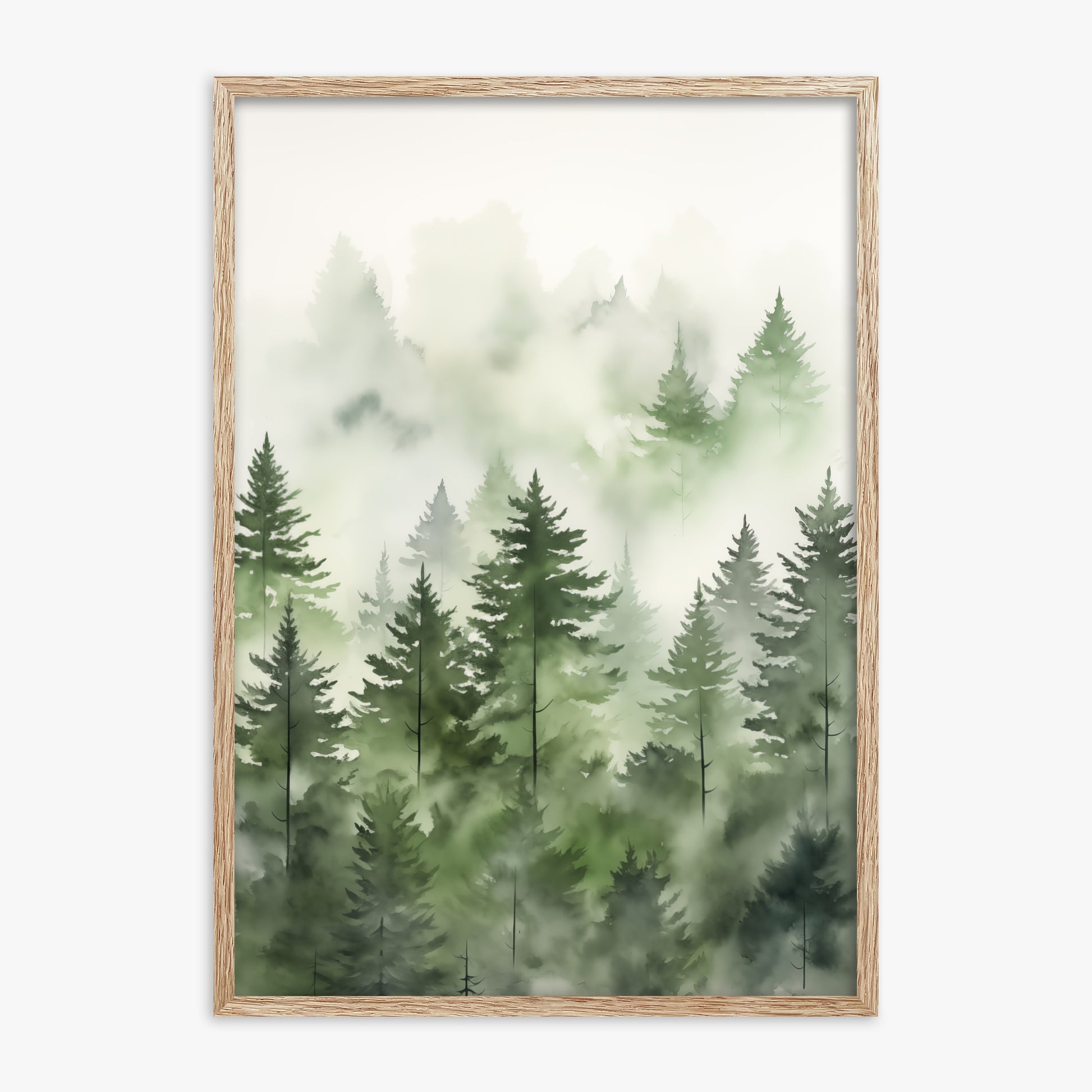 Misty Pines Watercolor, 70x100cm Framed Art Reproduction With Raw Oak Frame