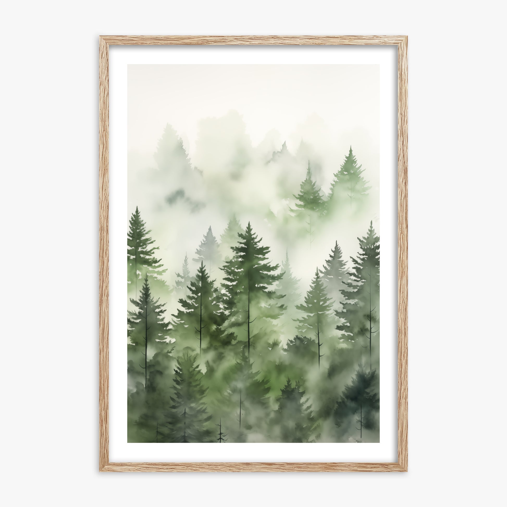 Misty Pines Watercolor, 70x100cm Framed Art Reproduction With Raw Oak Frame