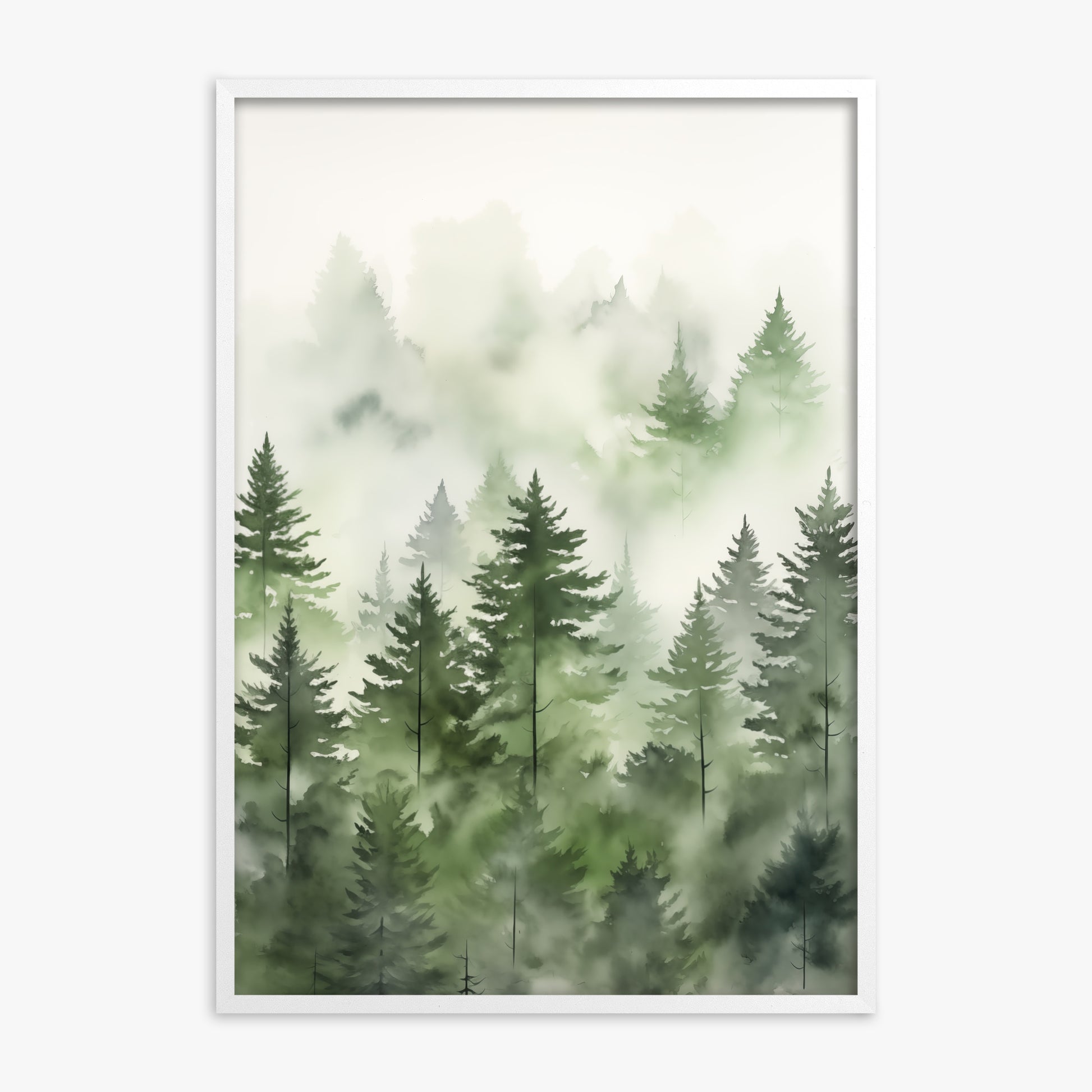 Misty Pines Watercolor, White Framed Poster With White Frame