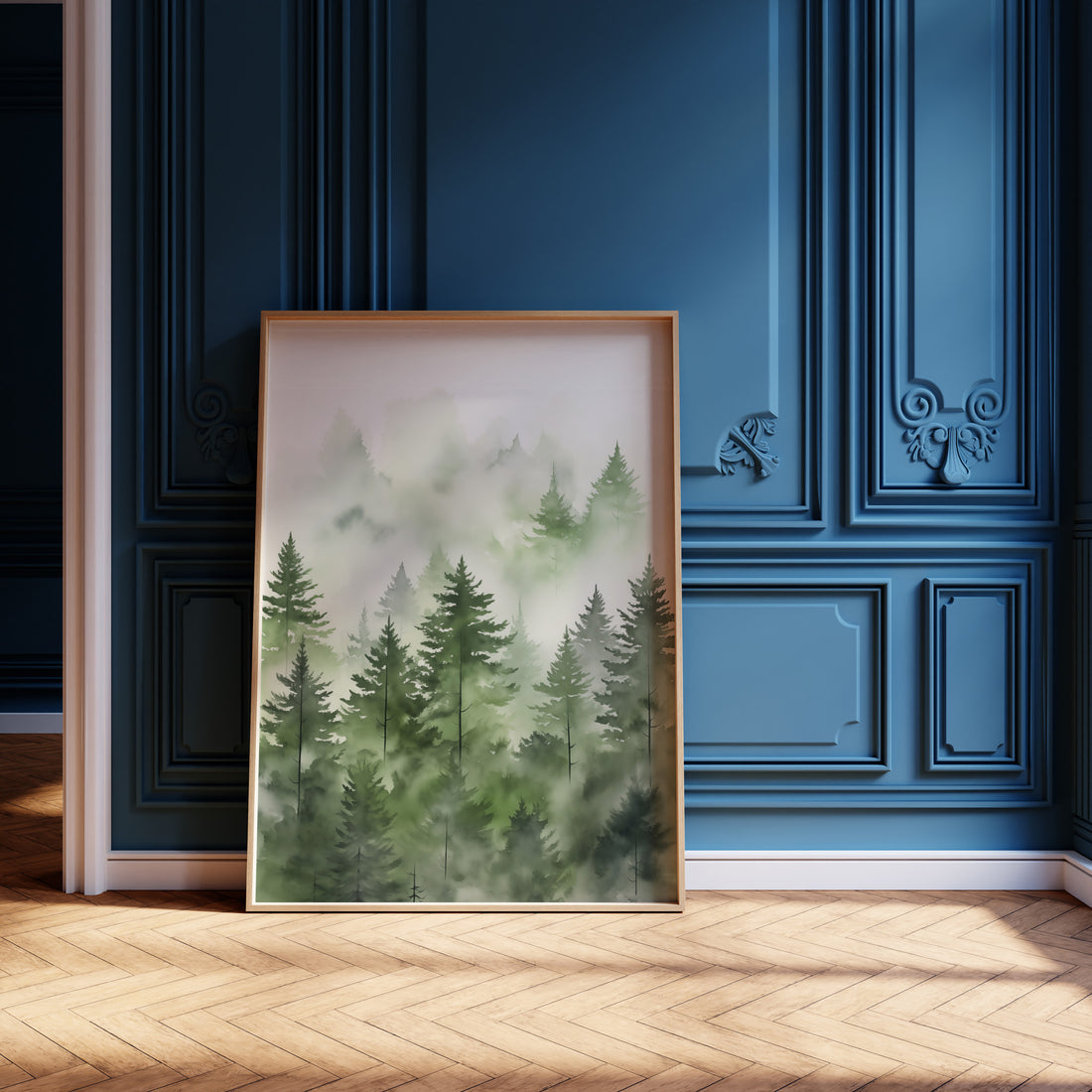 Misty Pines Watercolor, 50x70cm Framed Poster With Black Frame