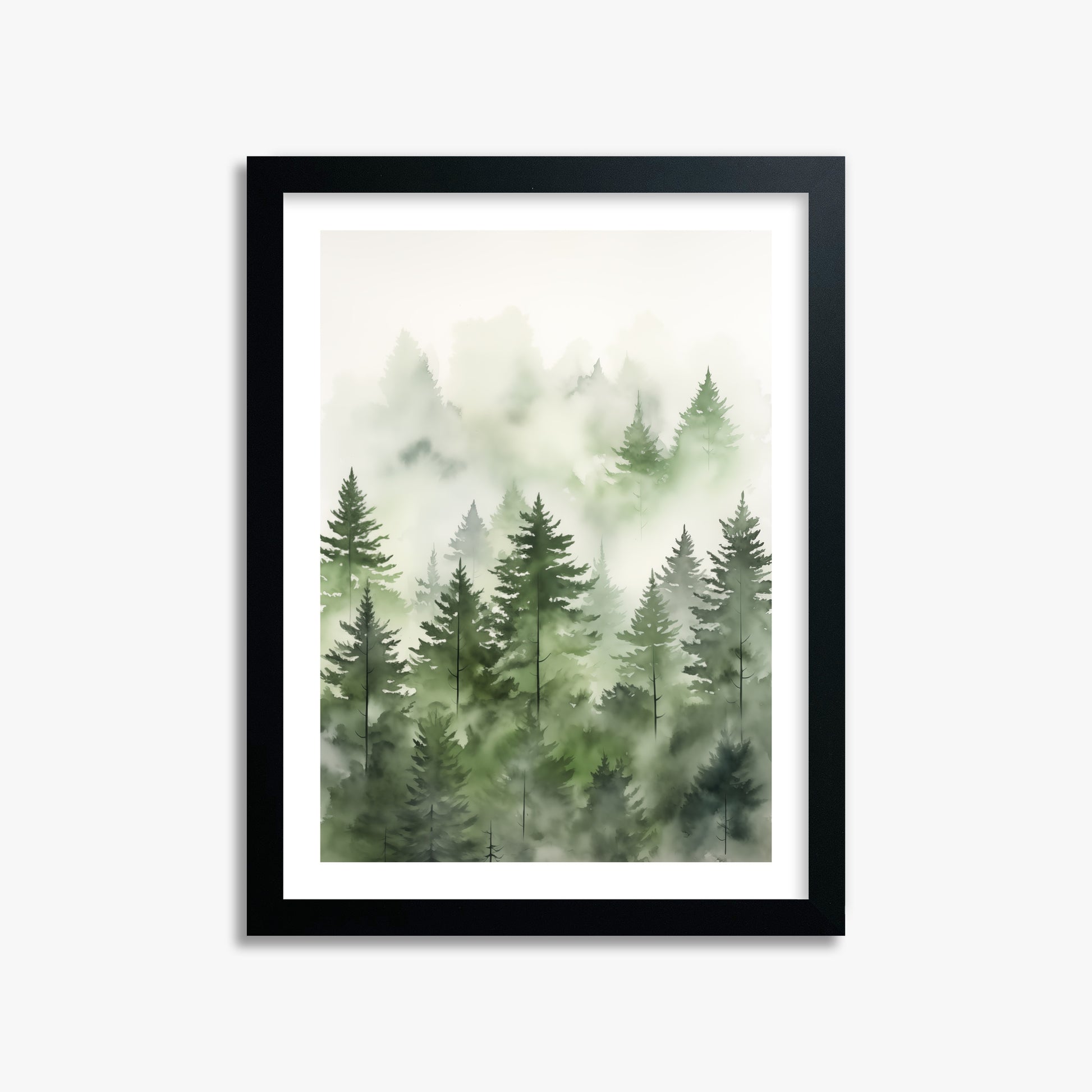 Misty Pines Watercolor, 30x40cm Black Framed Art Reproduction
