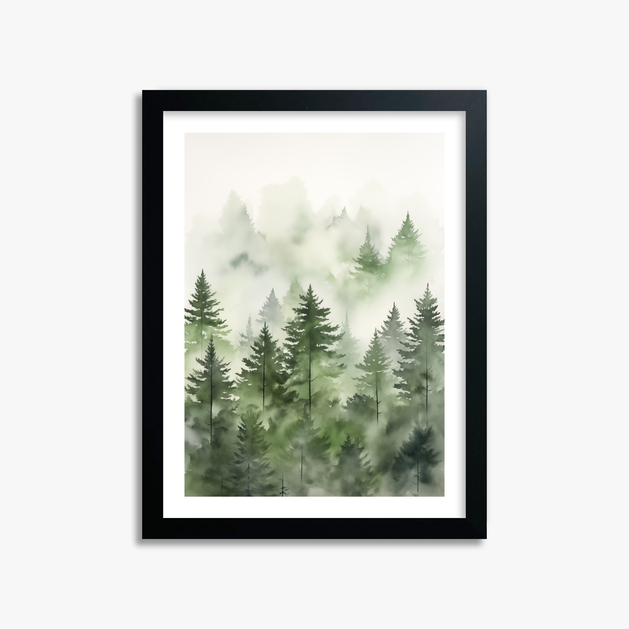Misty Pines Watercolor, 30x40cm Black Framed Art Reproduction