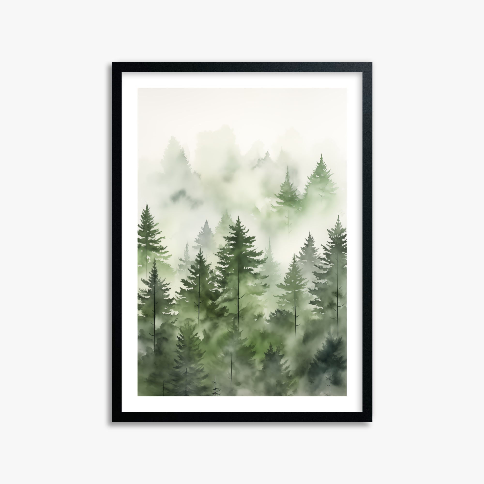 Misty Pines Watercolor, 50x70cm Black Framed Art Reproduction