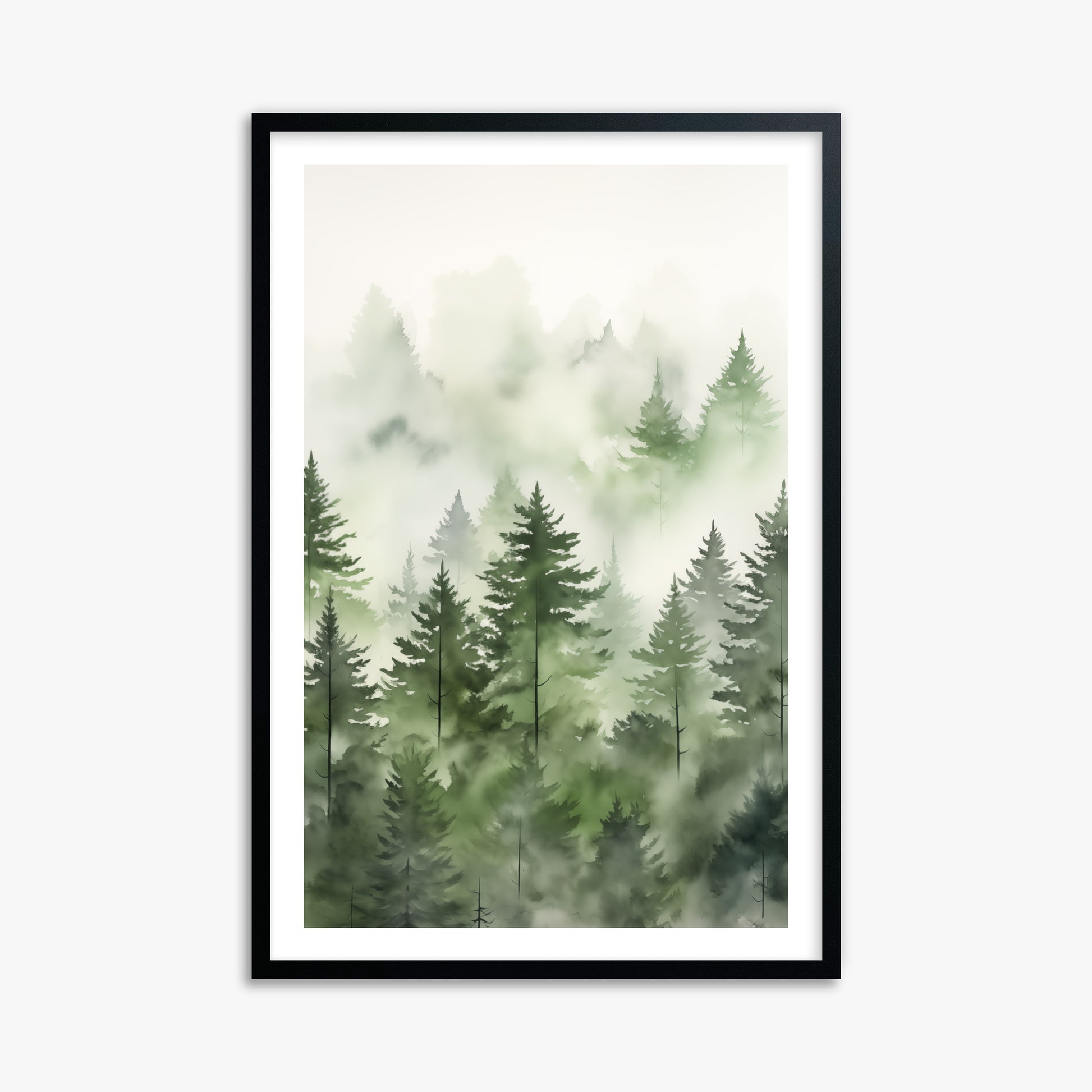 Misty Pines Watercolor, 61x91cm Black Framed Art Reproduction