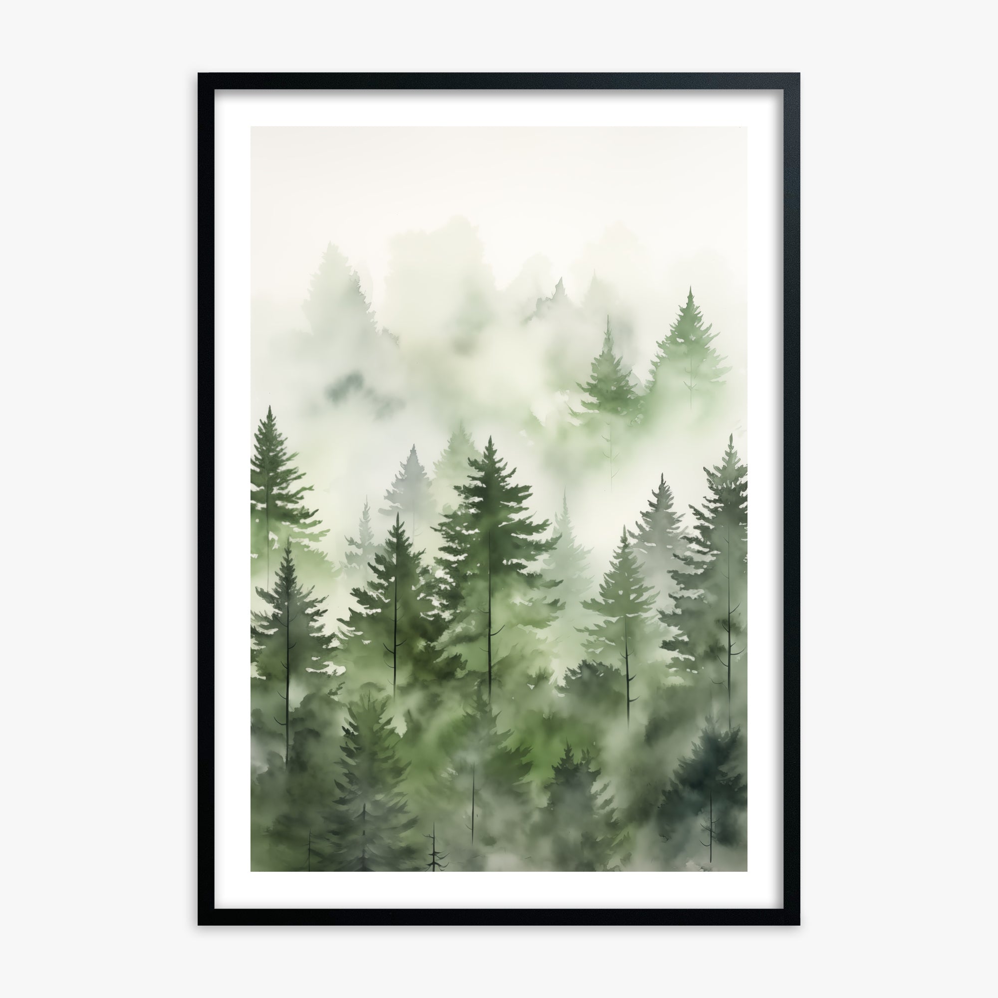 Misty Pines Watercolor, 70x100cm Black Framed Art Reproduction