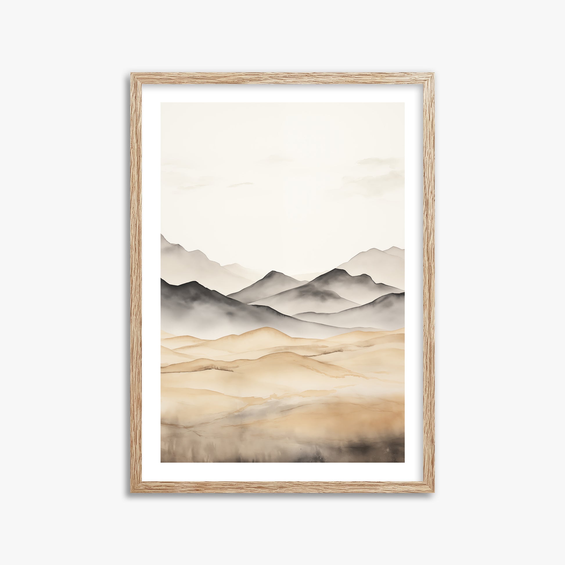 Misty Mountains Serenity, 50x70cm Framed Art Reproduction With Raw Oak Frame