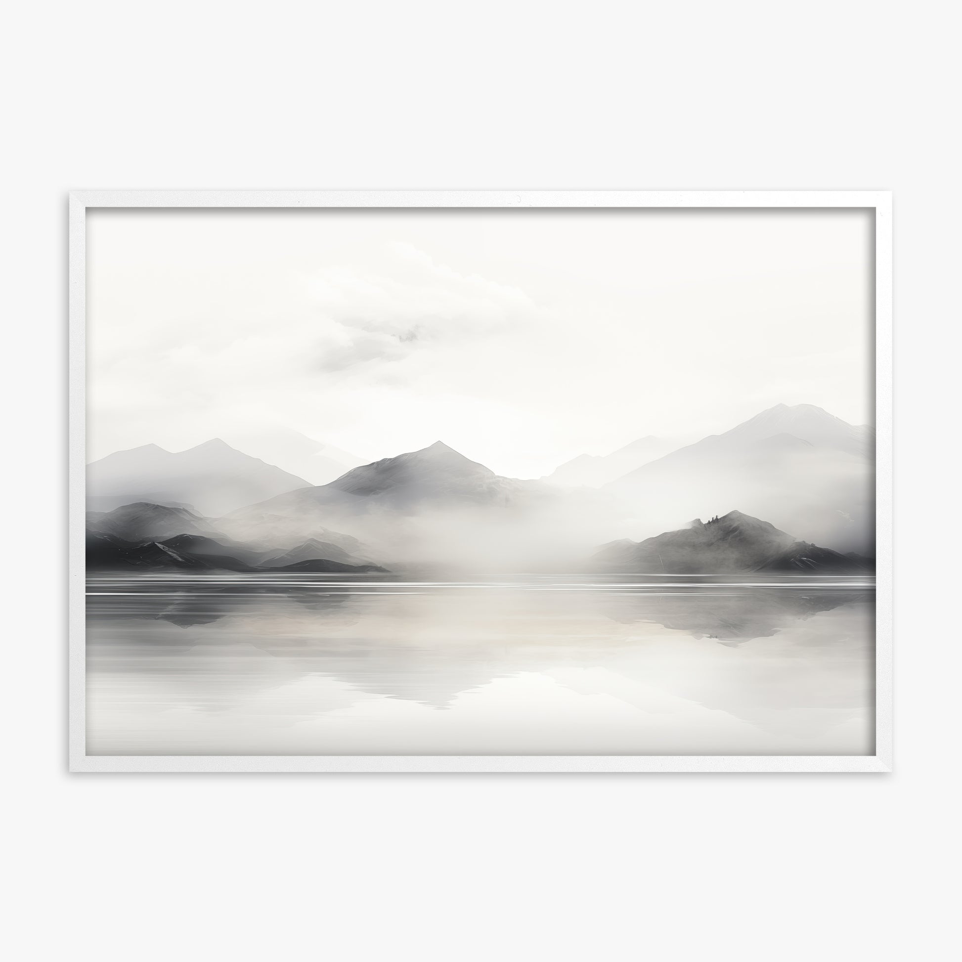 Misty Mountain Reflection, White Framed Poster With White Frame