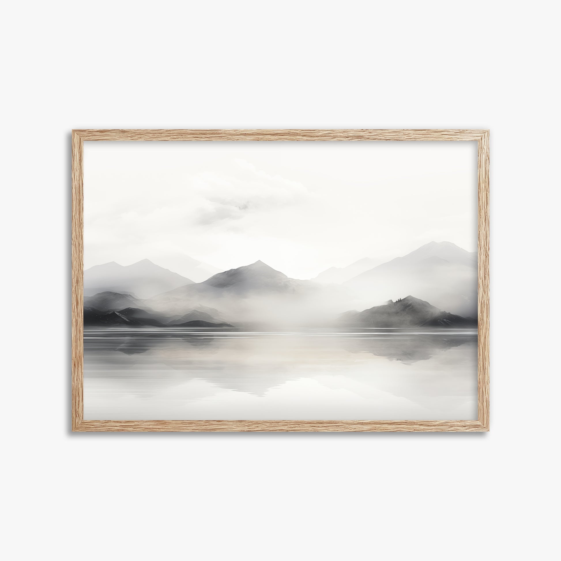 Misty Mountain Reflection, 50x70cm Framed Poster With Raw Oak Frame