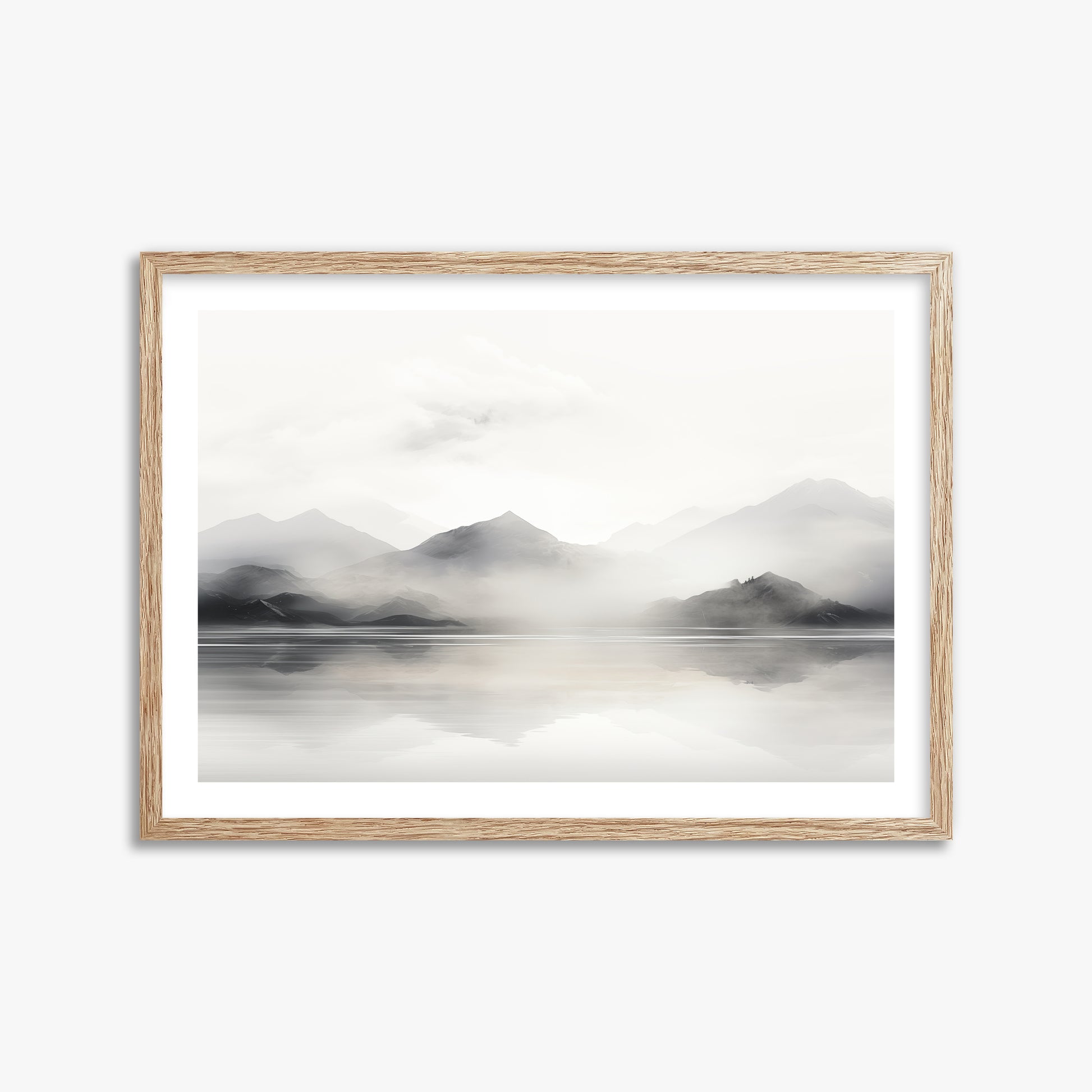 Misty Mountain Reflection, 50x70cm Framed Poster With Raw Oak Frame
