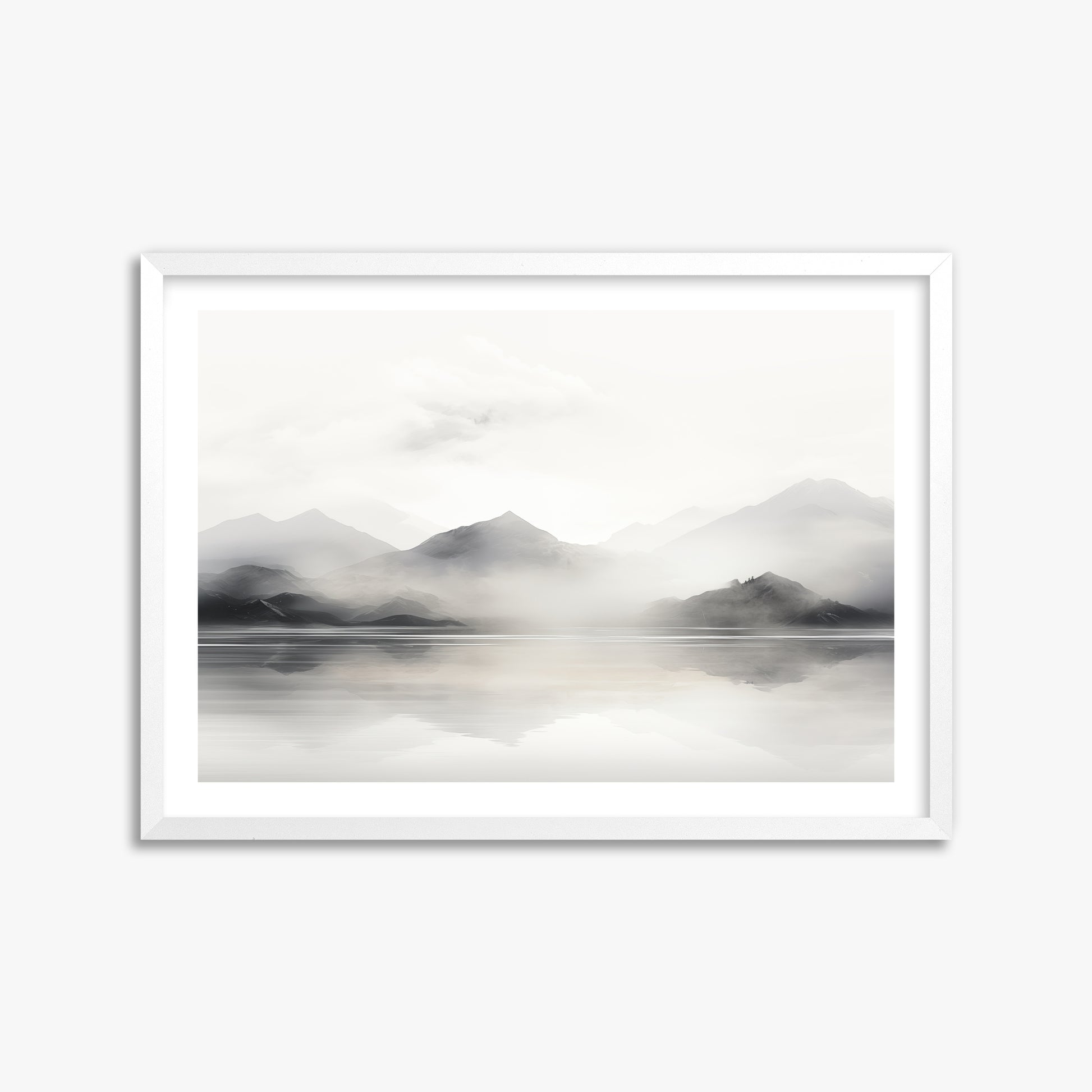 Misty Mountain Reflection, 50x70cm Framed Poster With White Frame