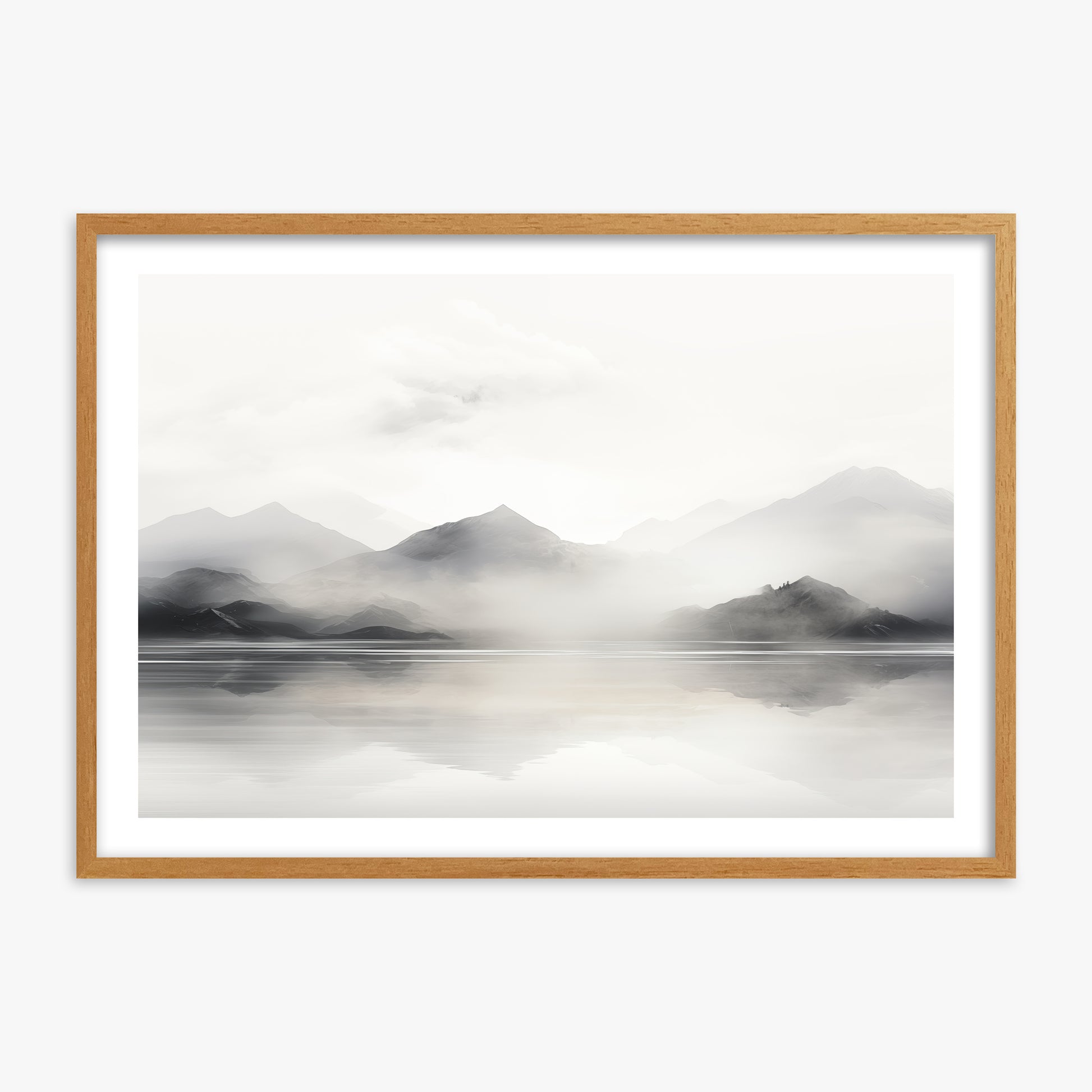 Misty Mountain Reflection, 70x100cm Framed Poster With Oak Frame