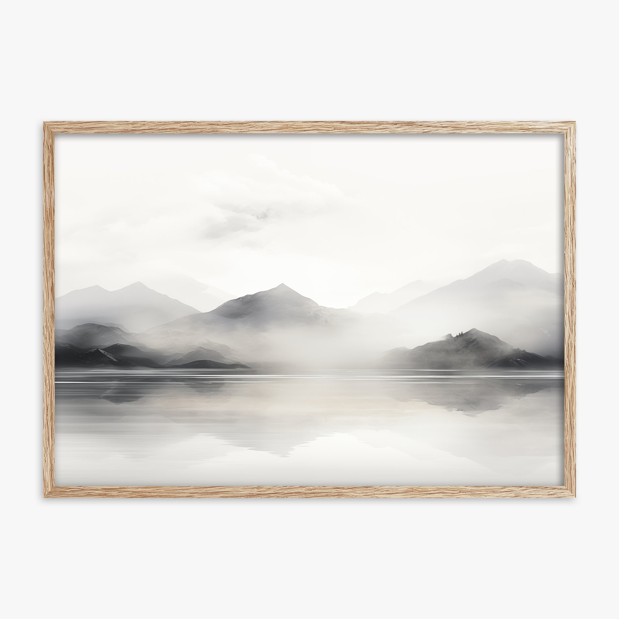 Misty Mountain Reflection, 70x100cm Framed Poster With Raw Oak Frame