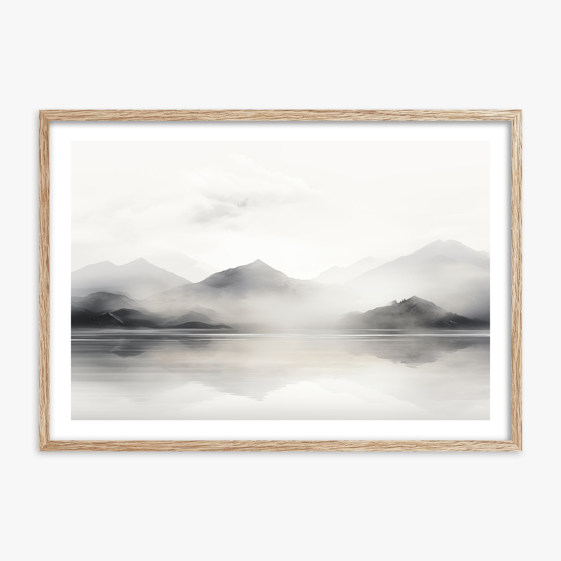 Misty Mountain Reflection, 70x100cm Framed Poster With Raw Oak Frame