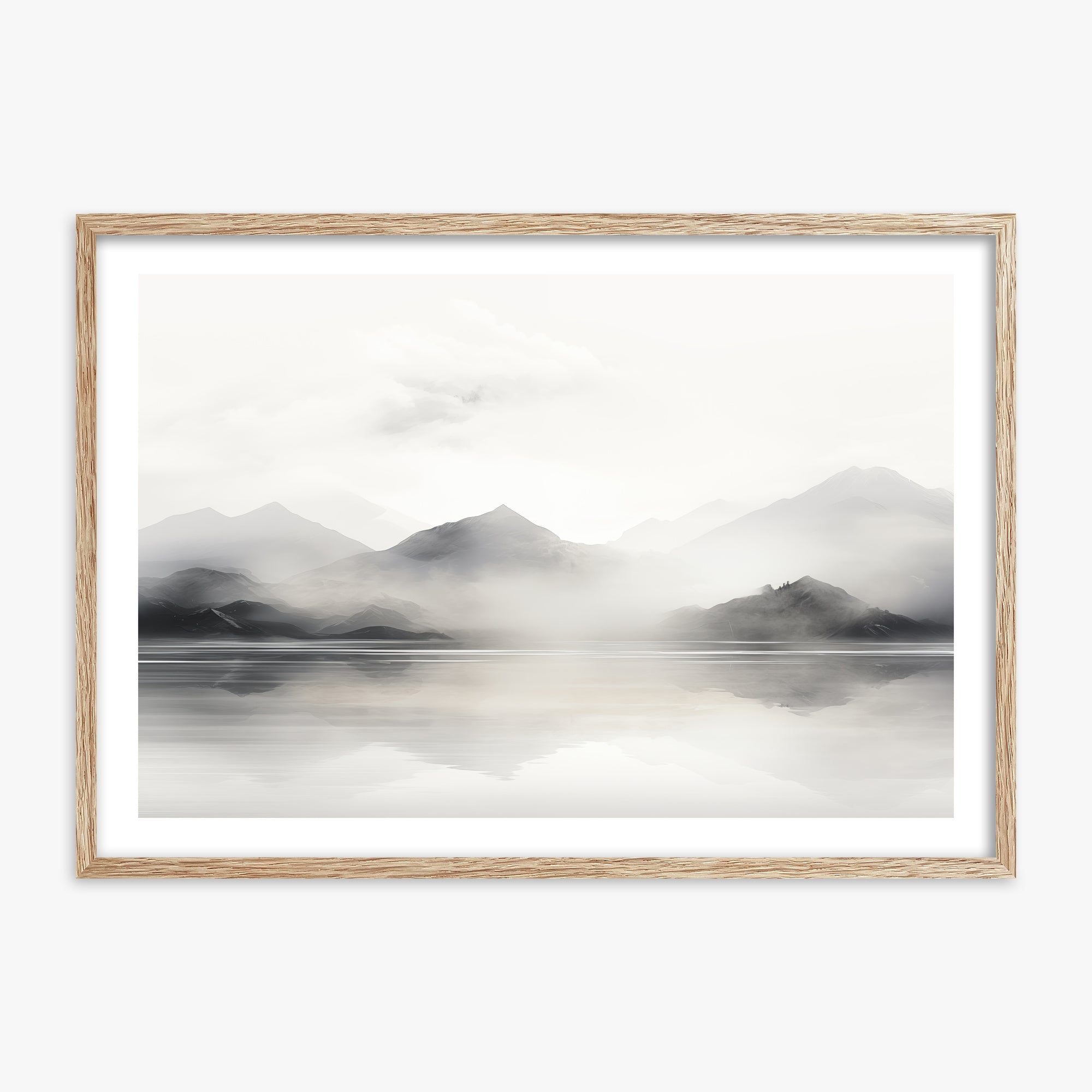 Misty Mountain Reflection, 70x100cm Framed Poster With Raw Oak Frame