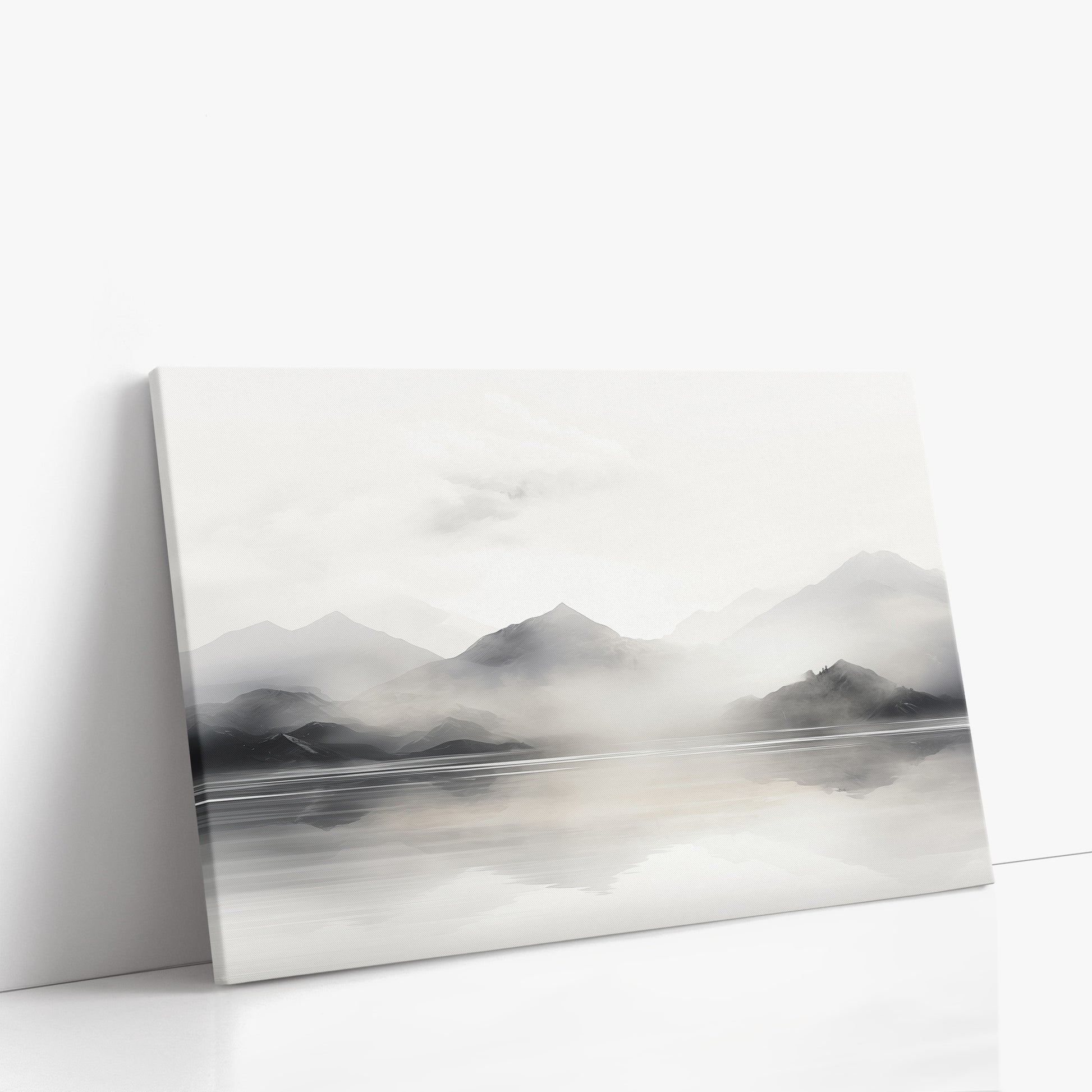 Misty Mountain Reflection, 90x60cm Satin Canvas Poster Left Angle