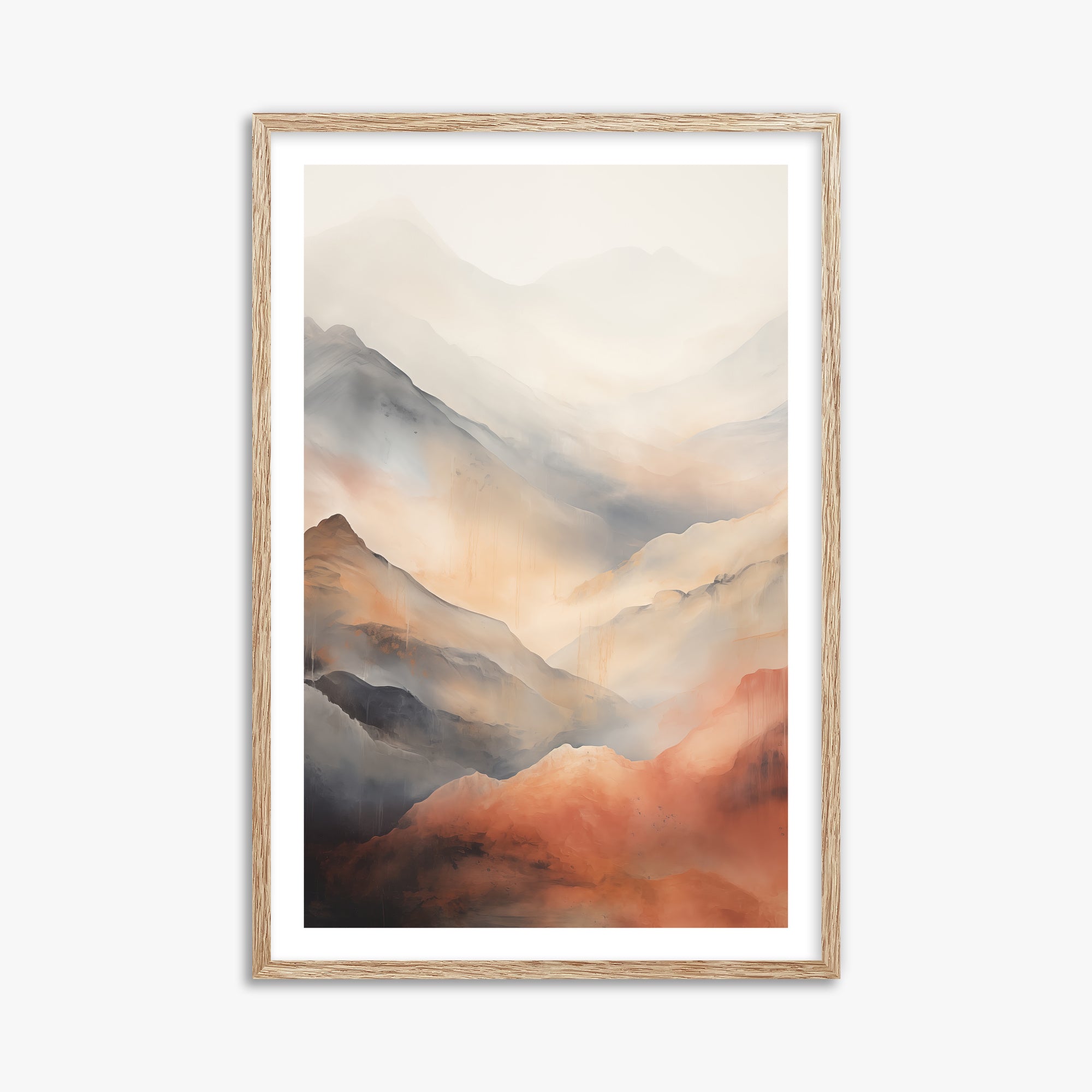Misty Mountain Blush, 61x91cm Framed Art Reproduction With Raw Oak Frame