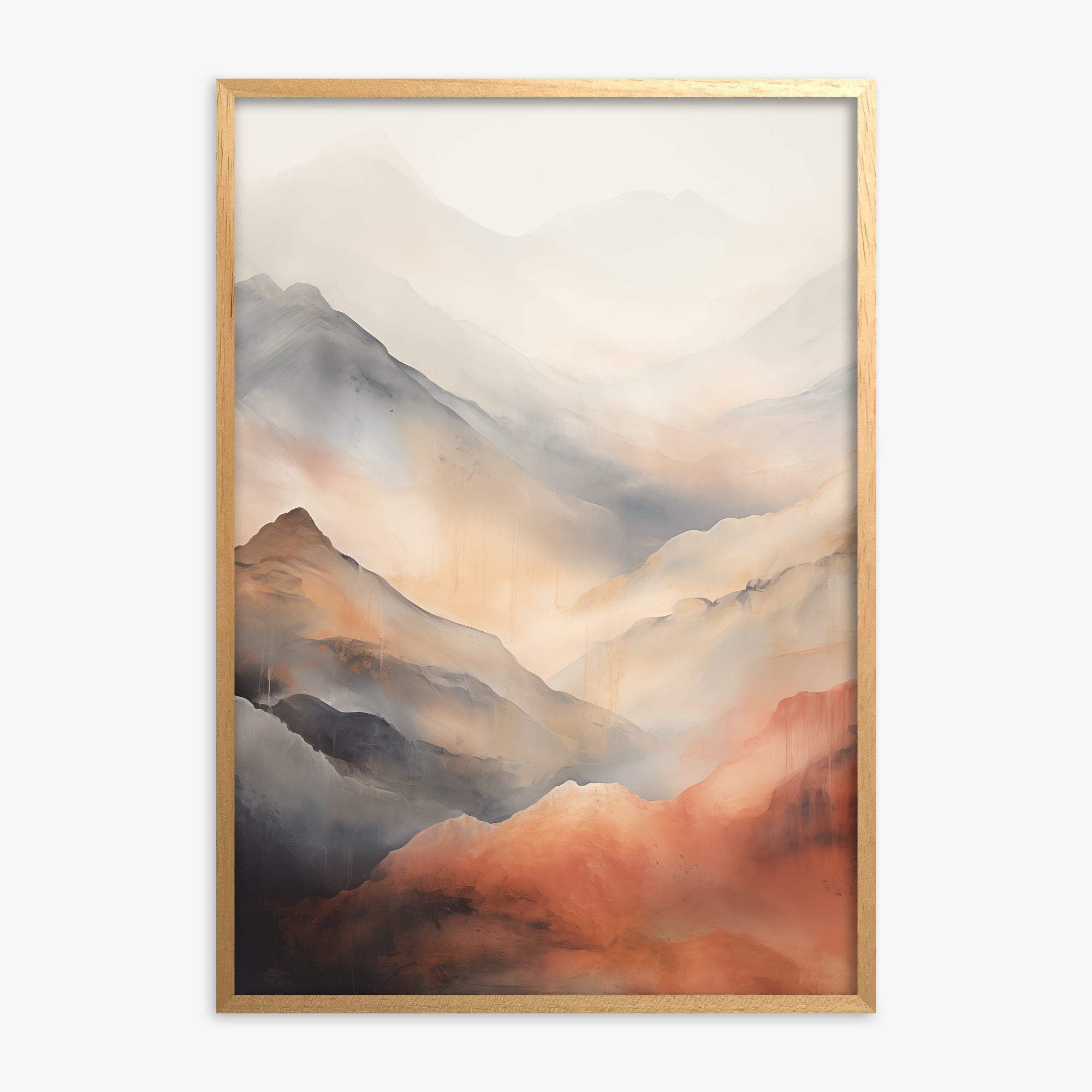 Misty Mountain Blush, Oak Framed Poster With Oak Frame