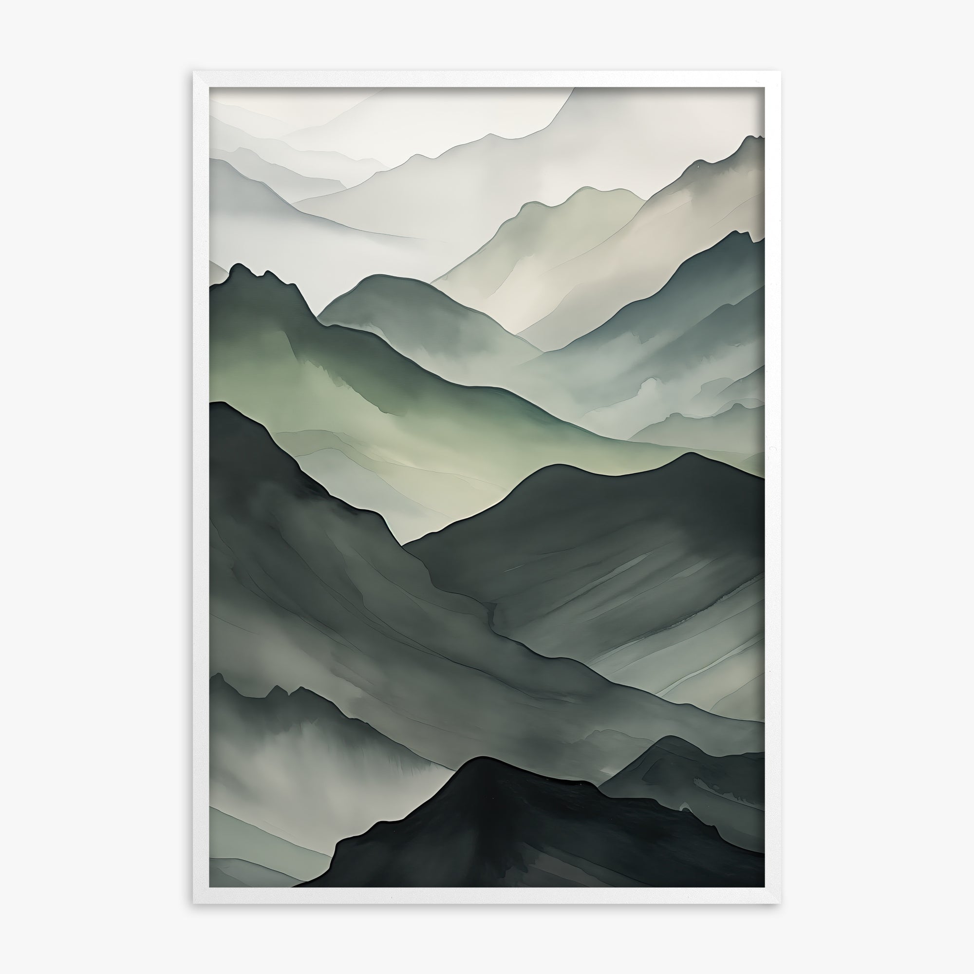 Misty Mountain Layers, White Framed Poster With White Frame