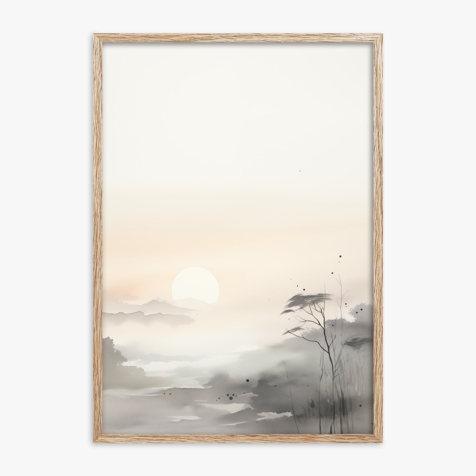 Misty Dawn Serenity, 70x100cm Framed Poster With Raw Oak Frame