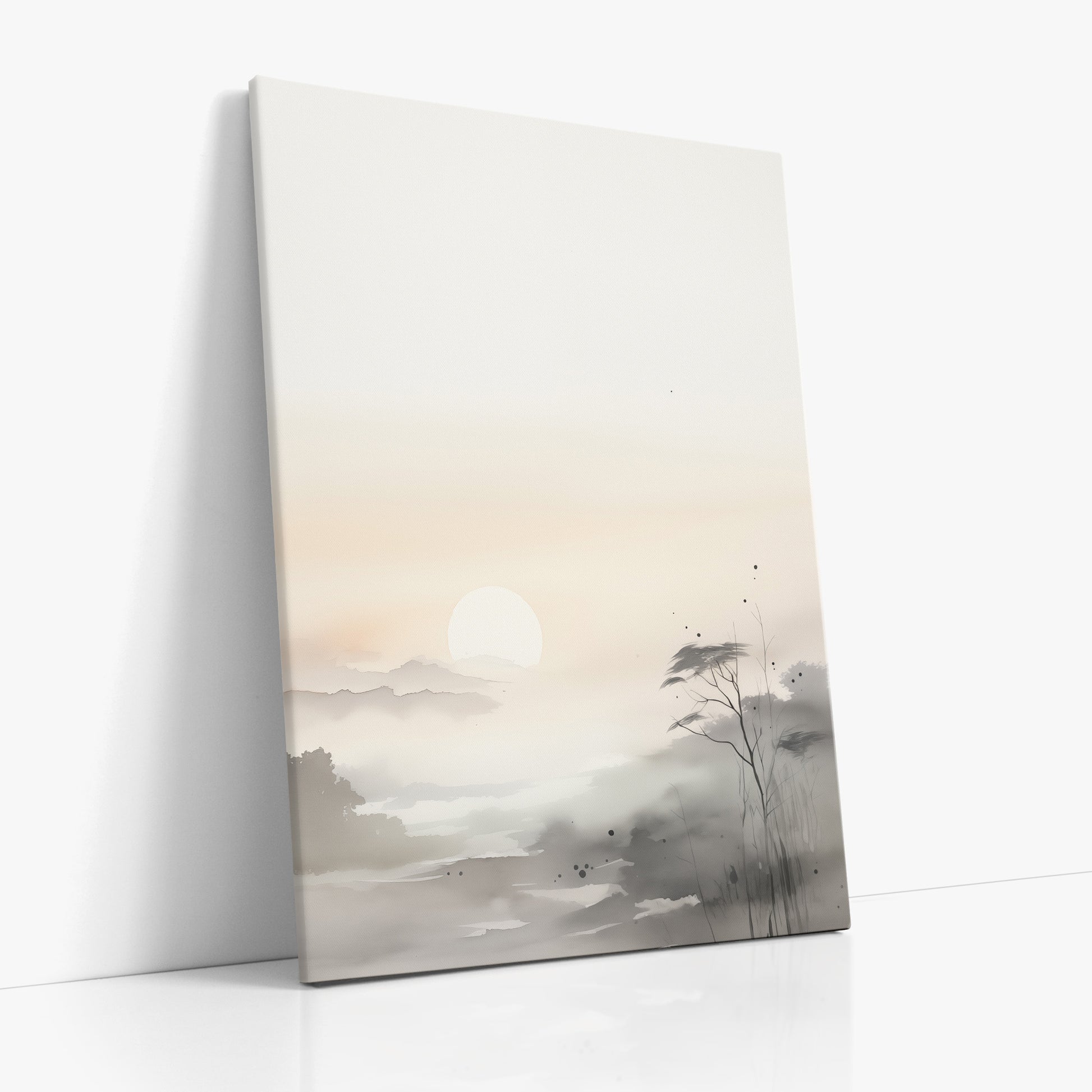 Misty Dawn Serenity, 70x100cm Satin Canvas Poster Left Angle