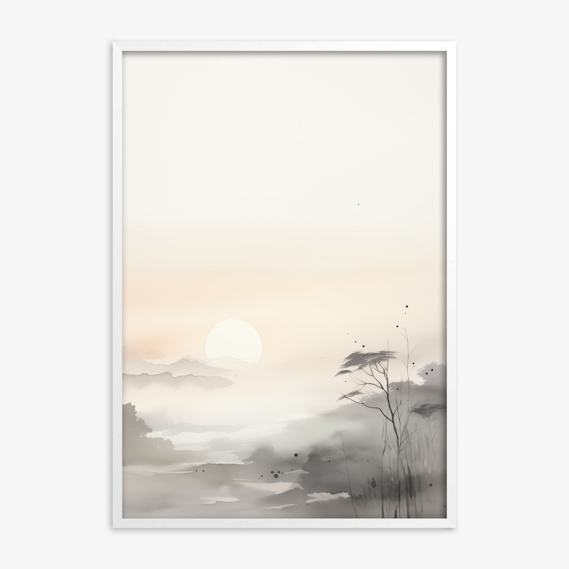 Misty Dawn Serenity, White Framed Poster With White Frame