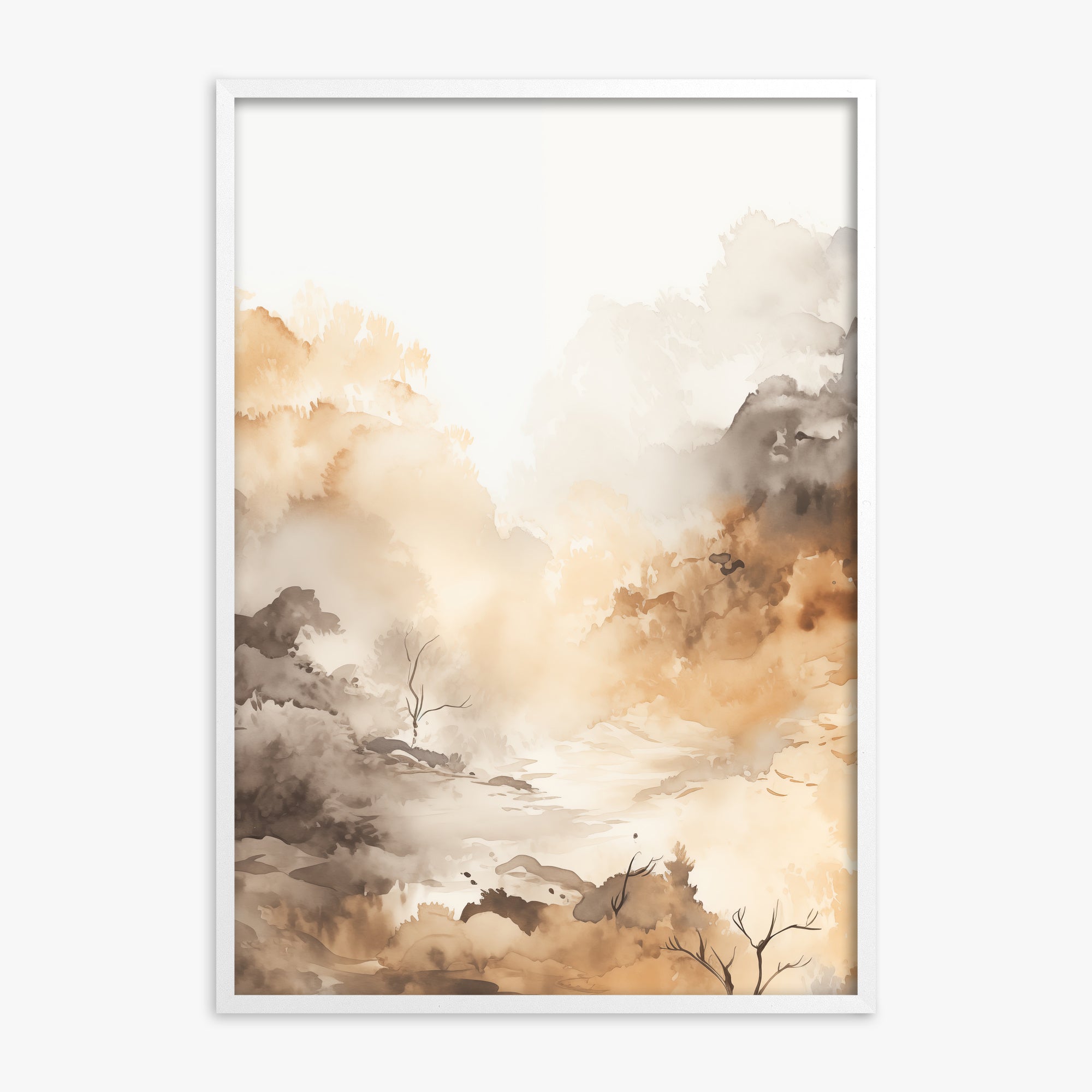 Misty Autumn Valley, White Framed Poster With White Frame