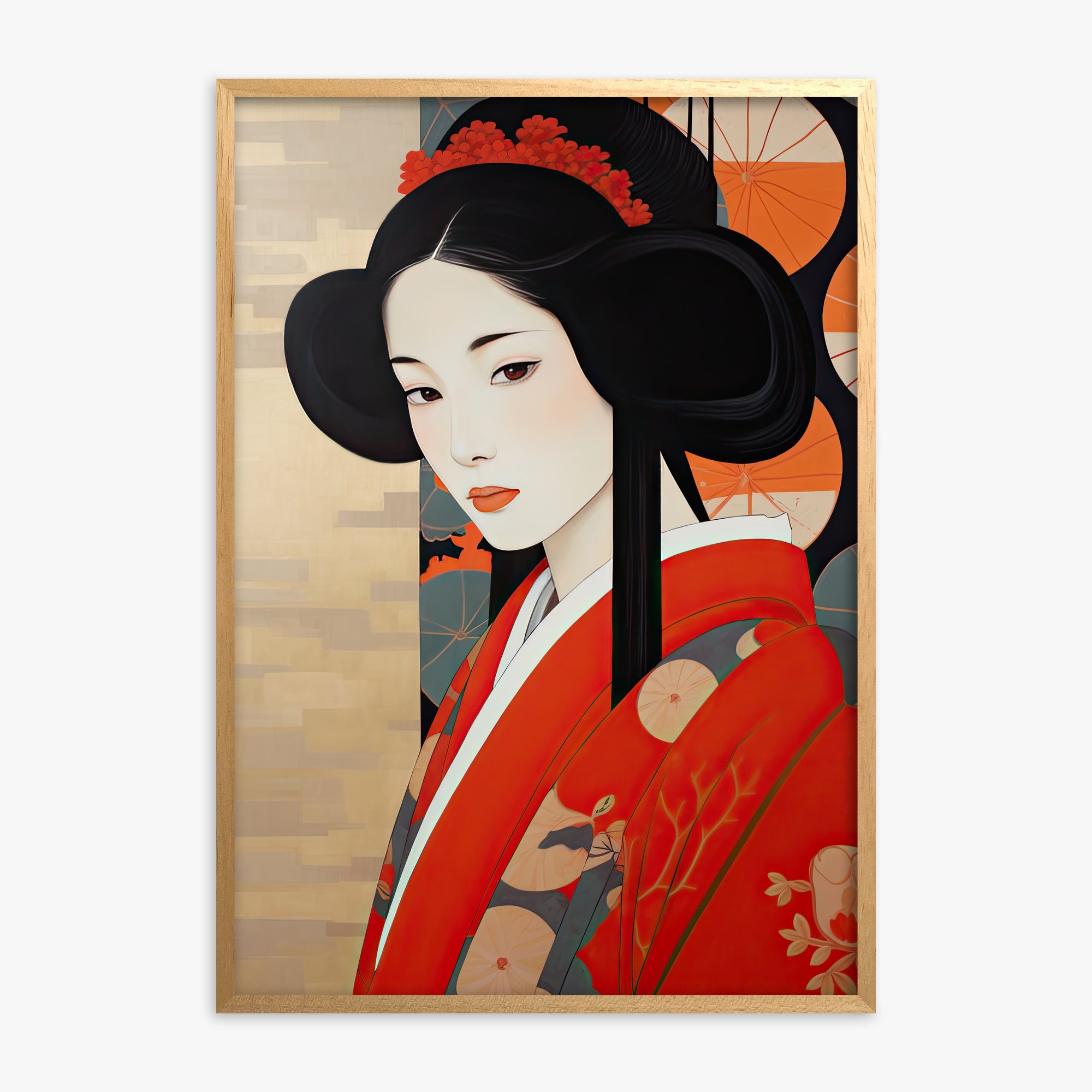 Crimson Blossom Elegance, Oak Framed Poster With Oak Frame