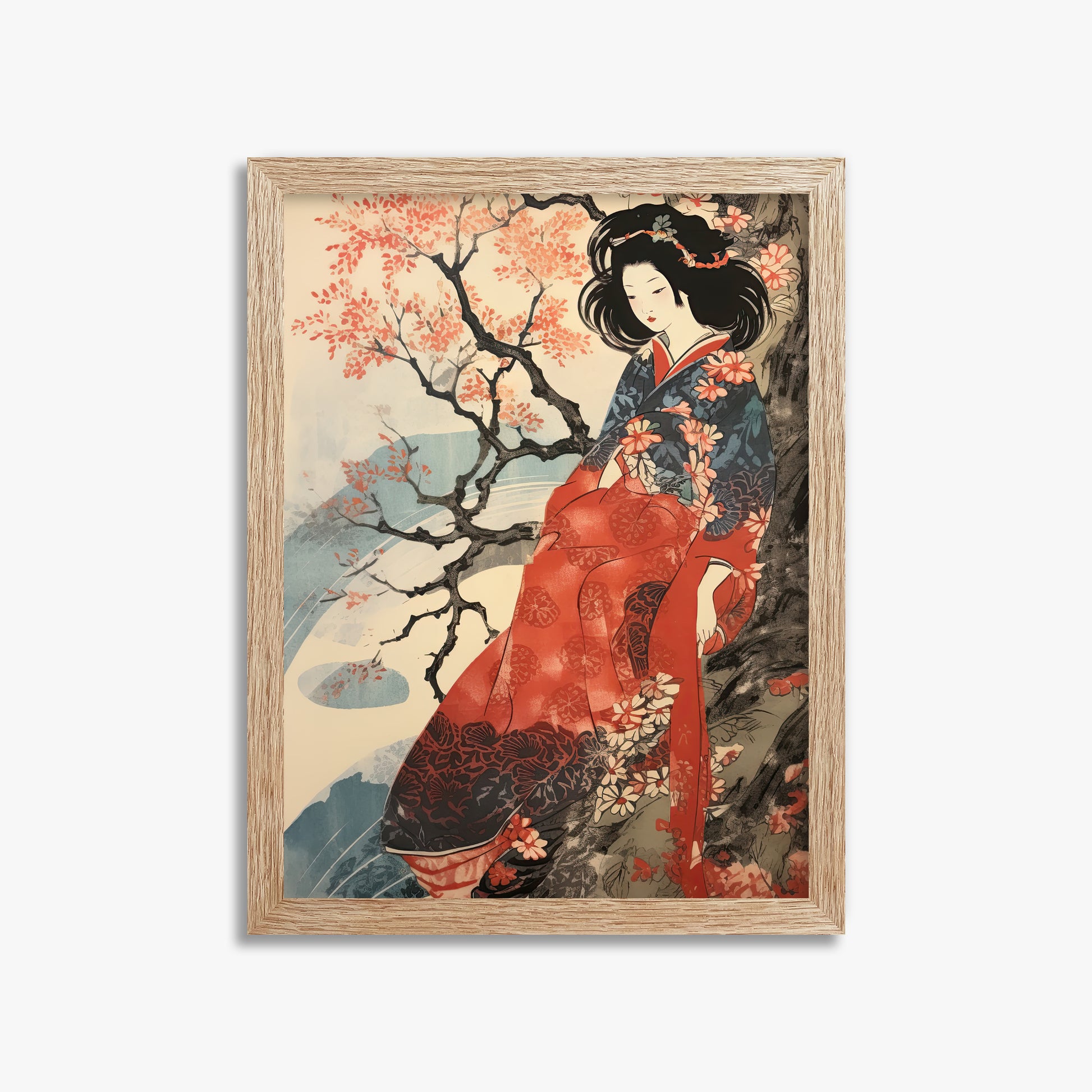 Cherry Blossom Serenity, 30x40cm Framed Poster With Raw Oak Frame