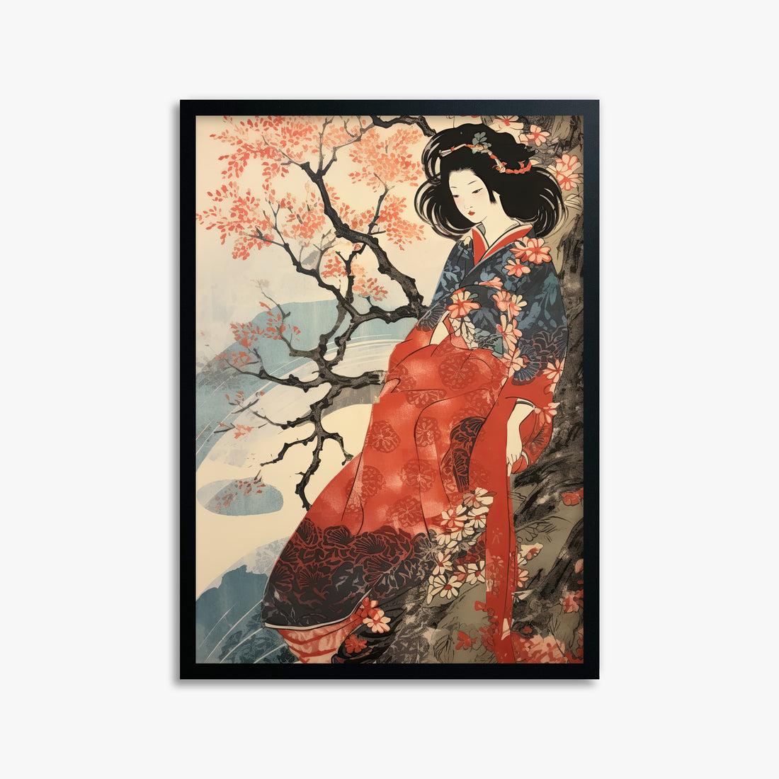 Cherry Blossom Serenity, 50x70cm Framed Poster With Black Frame
