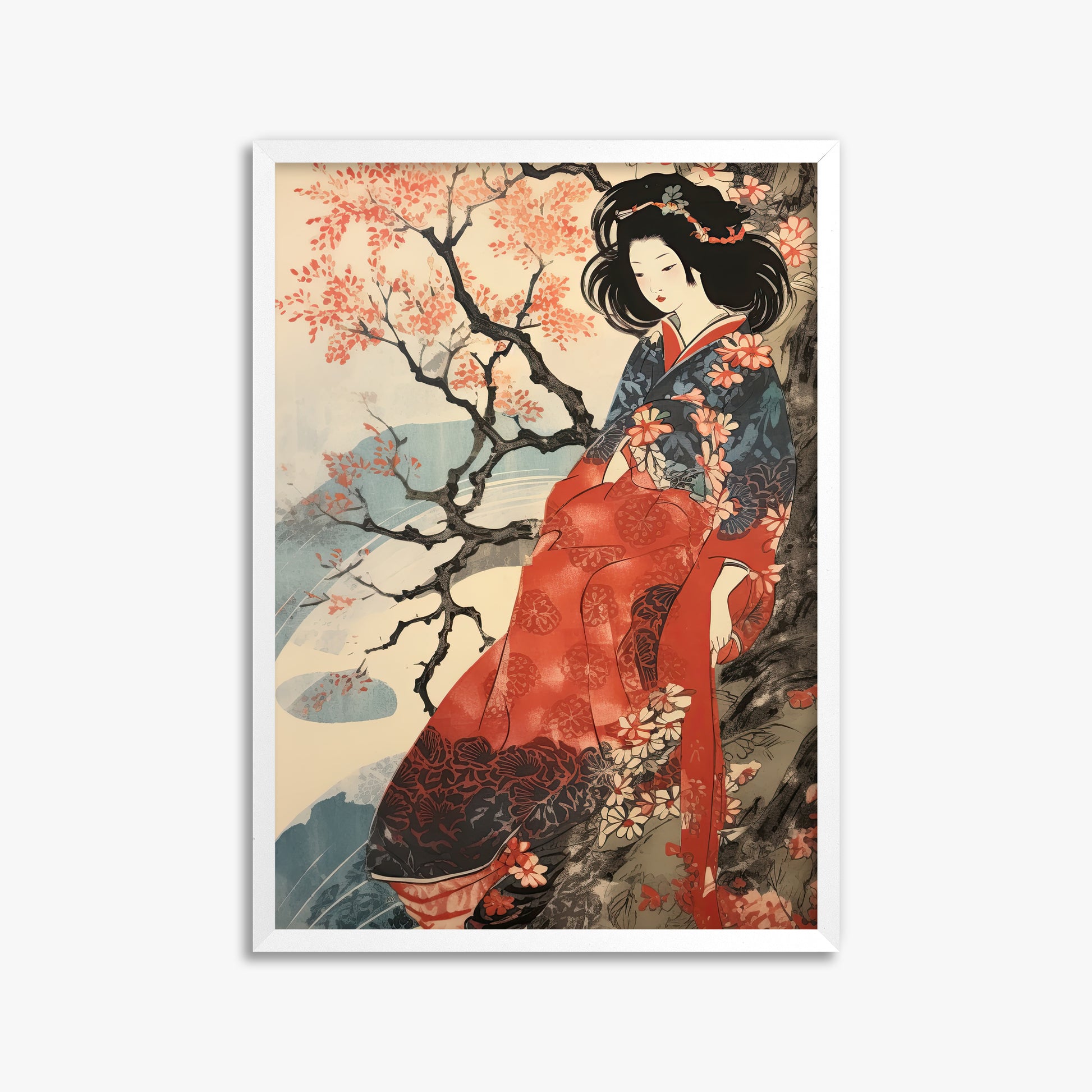 Cherry Blossom Serenity, 50x70cm Framed Poster With White Frame